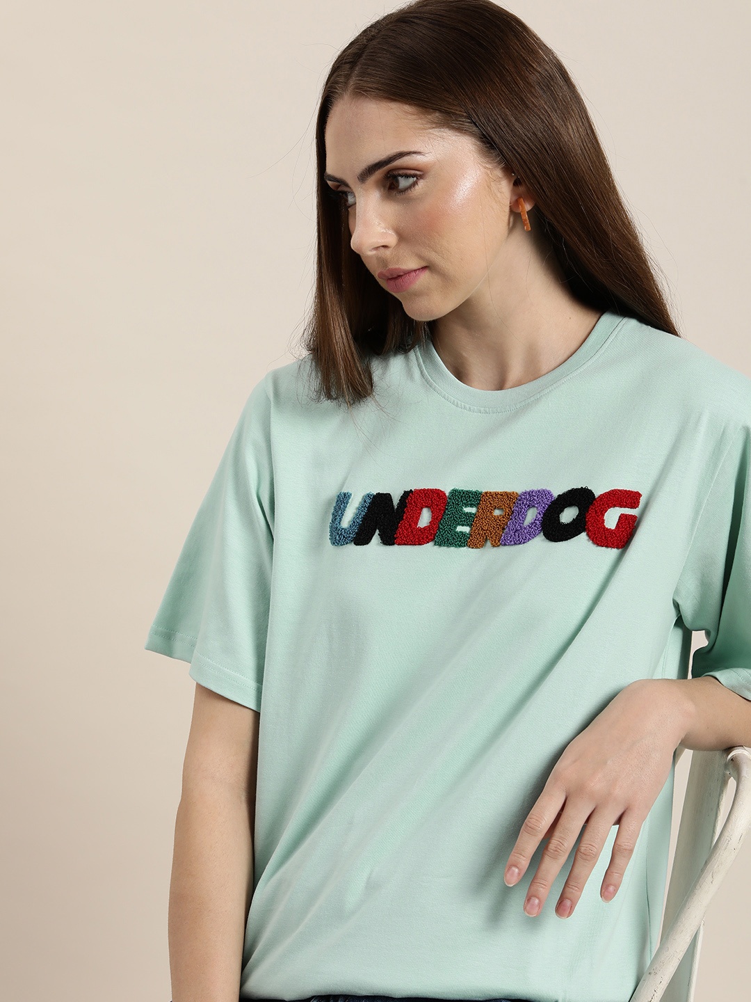

Difference of Opinion Typography Embroidered Oversize Pure Cotton Longline T-shirt, Turquoise blue