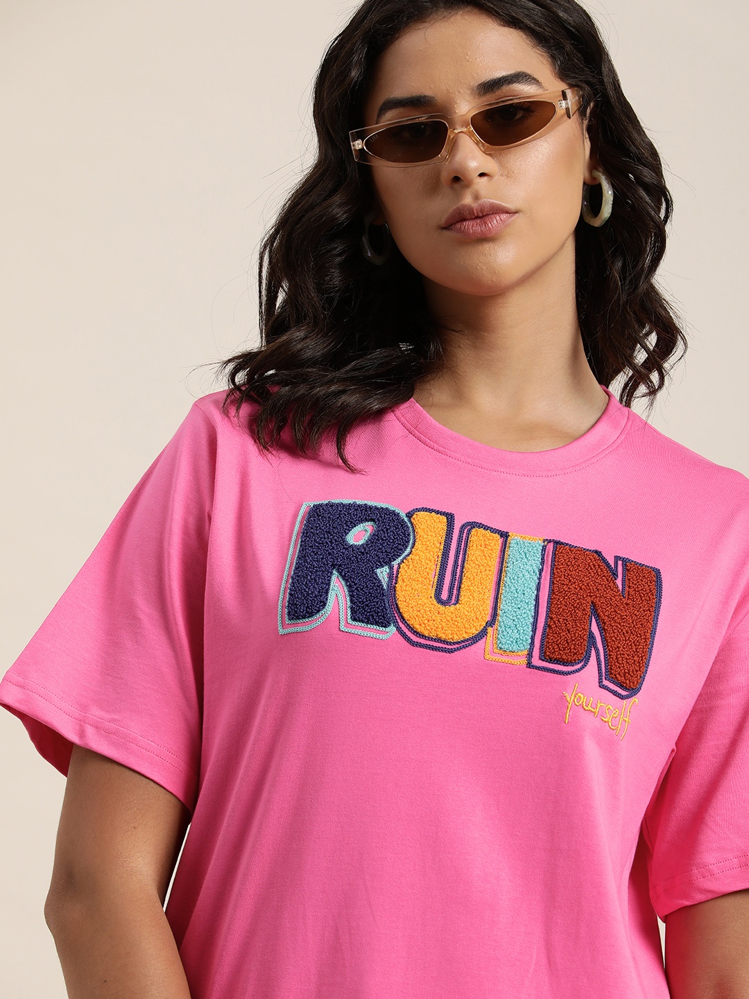 

Difference of Opinion Typography Embroidered Oversized Pure Cotton Longline T-shirt, Pink