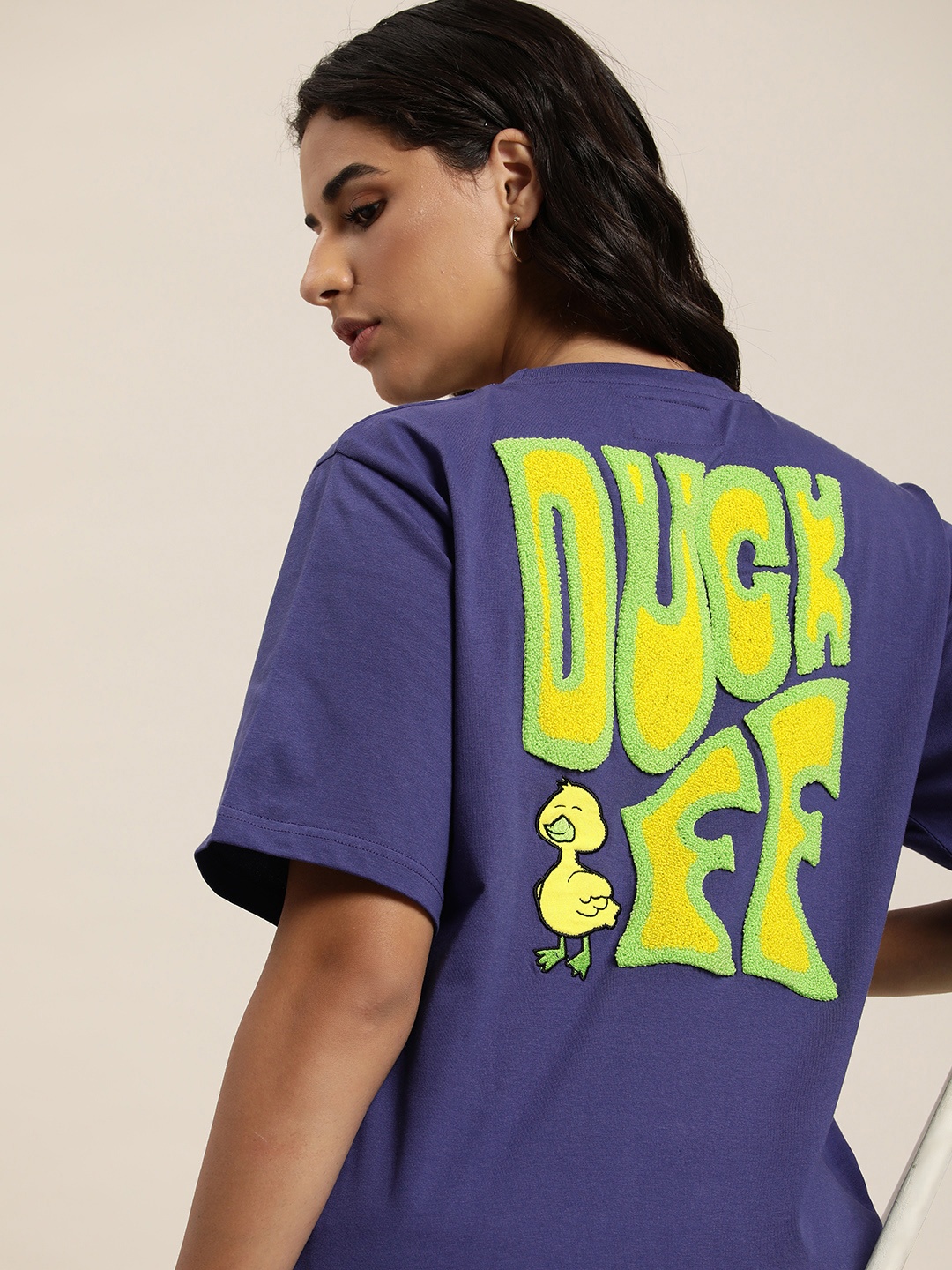 

Difference of Opinion Typography Embroidered Oversize Pure Cotton Longline T-shirt, Navy blue