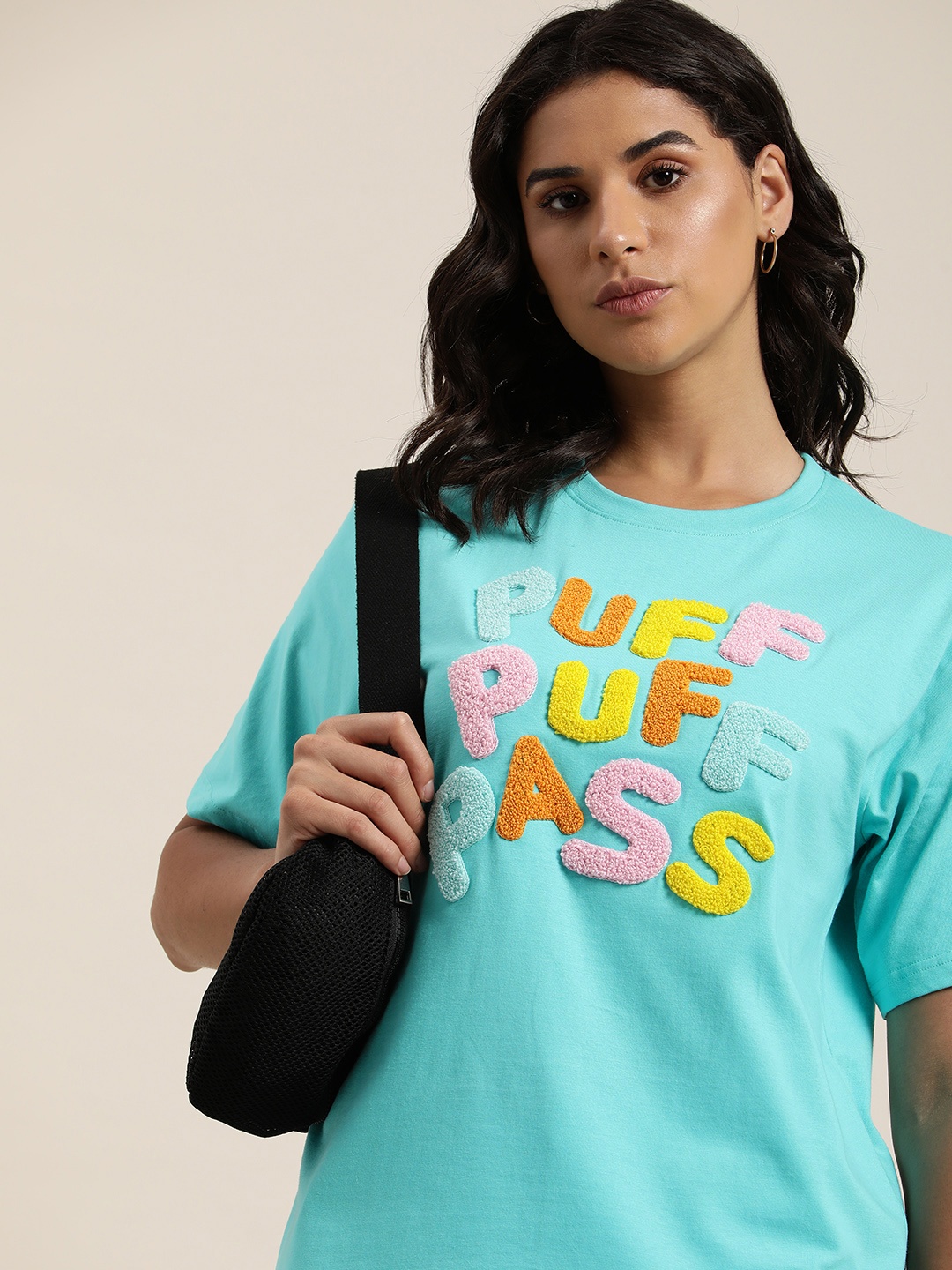 

Difference of Opinion Women Embroidered Typography Oversize T-shirt, Turquoise blue