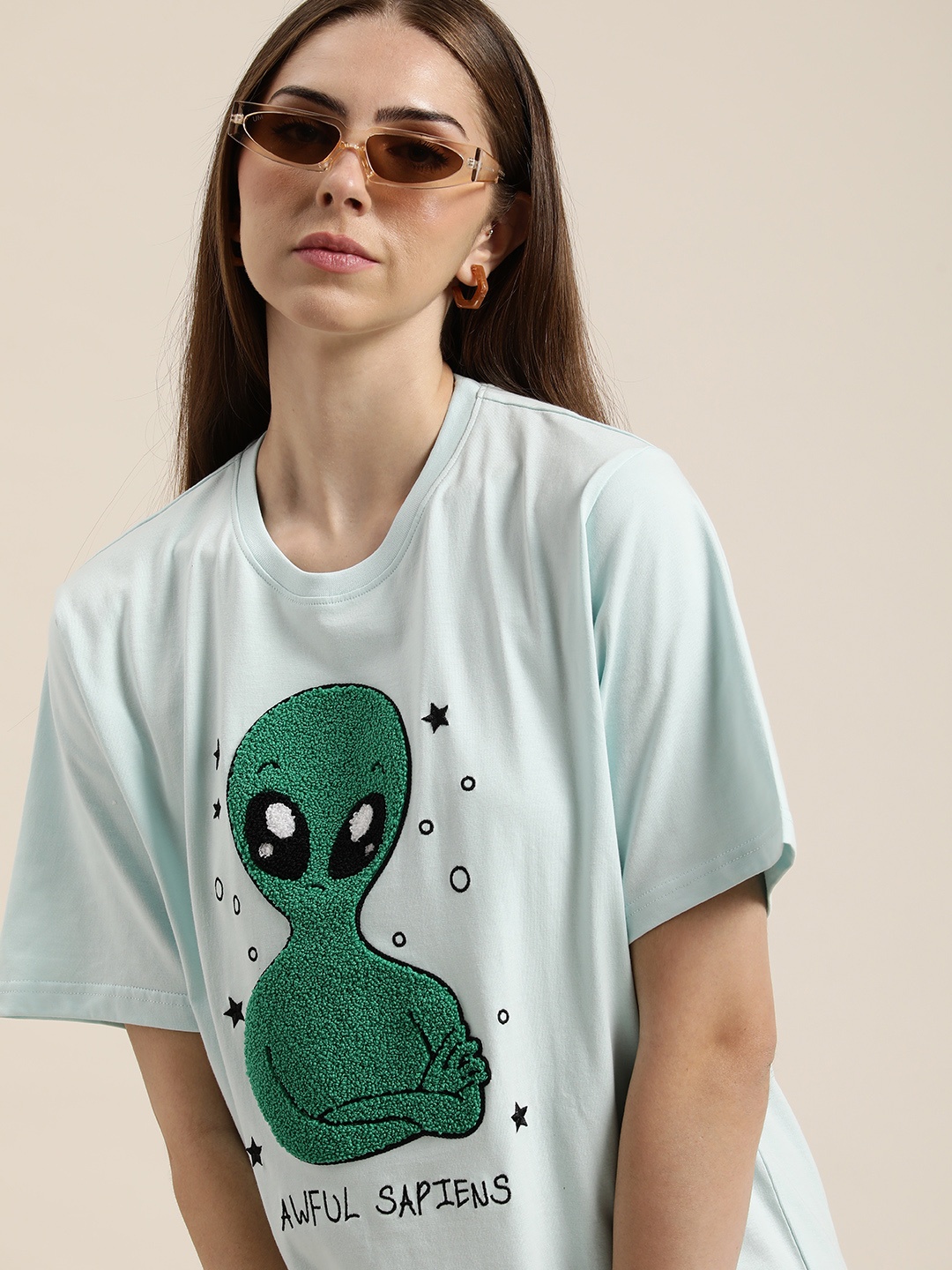

Difference of Opinion Women Embroidered Graphic Oversized T-shirt, Blue