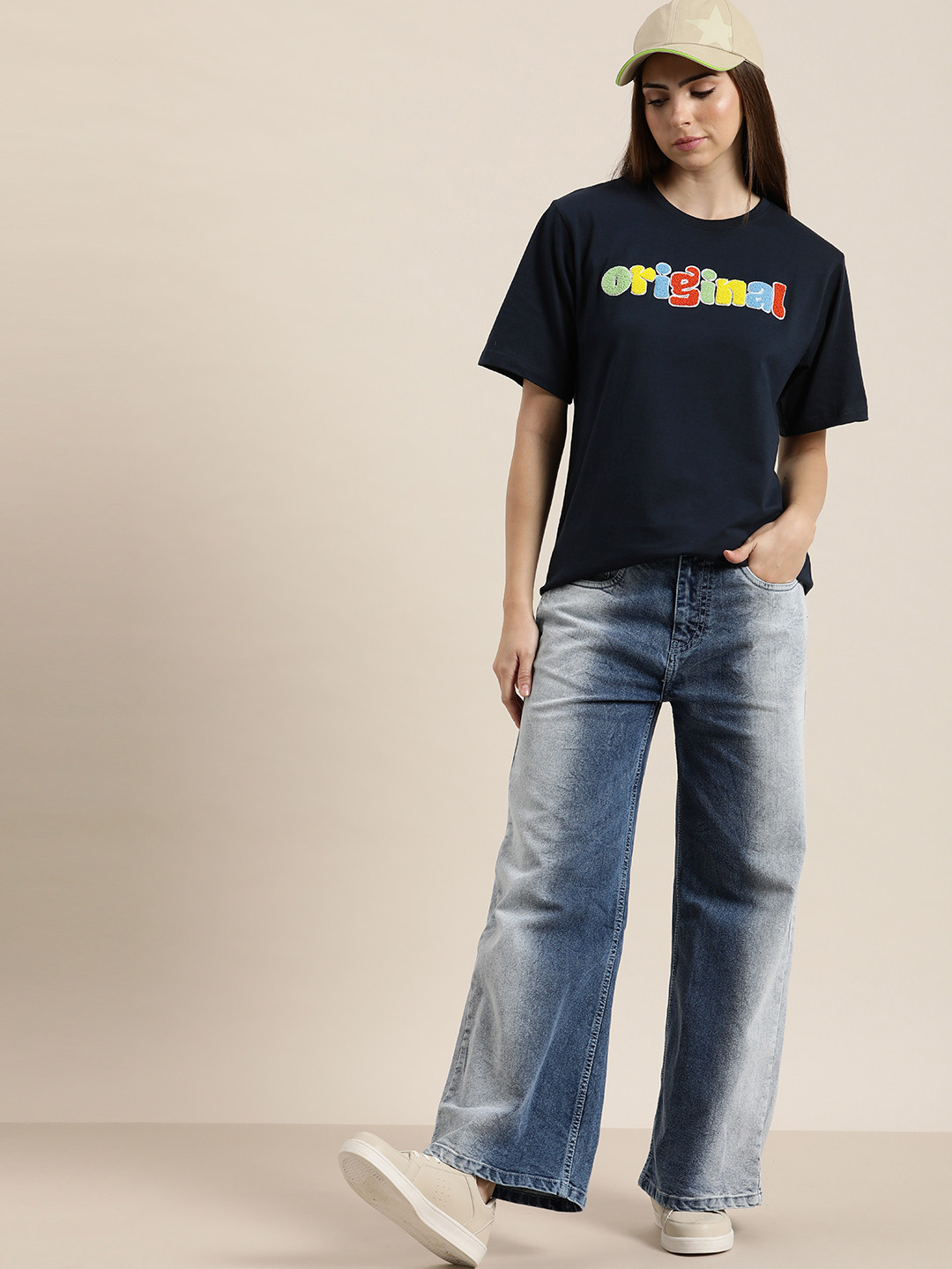 

Difference of Opinion Typography Embroidered Oversize Pure Cotton Longline T-shirt, Navy blue