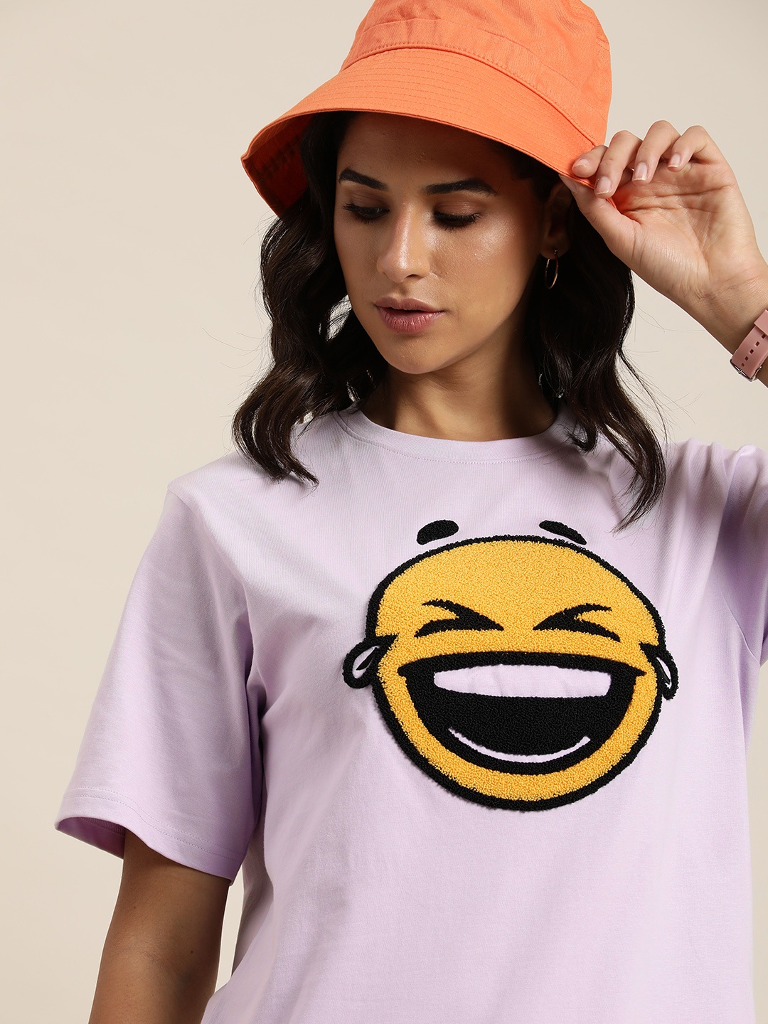 

Difference of Opinion Embroidered Oversize Pure Cotton Longline T-shirt, Lavender
