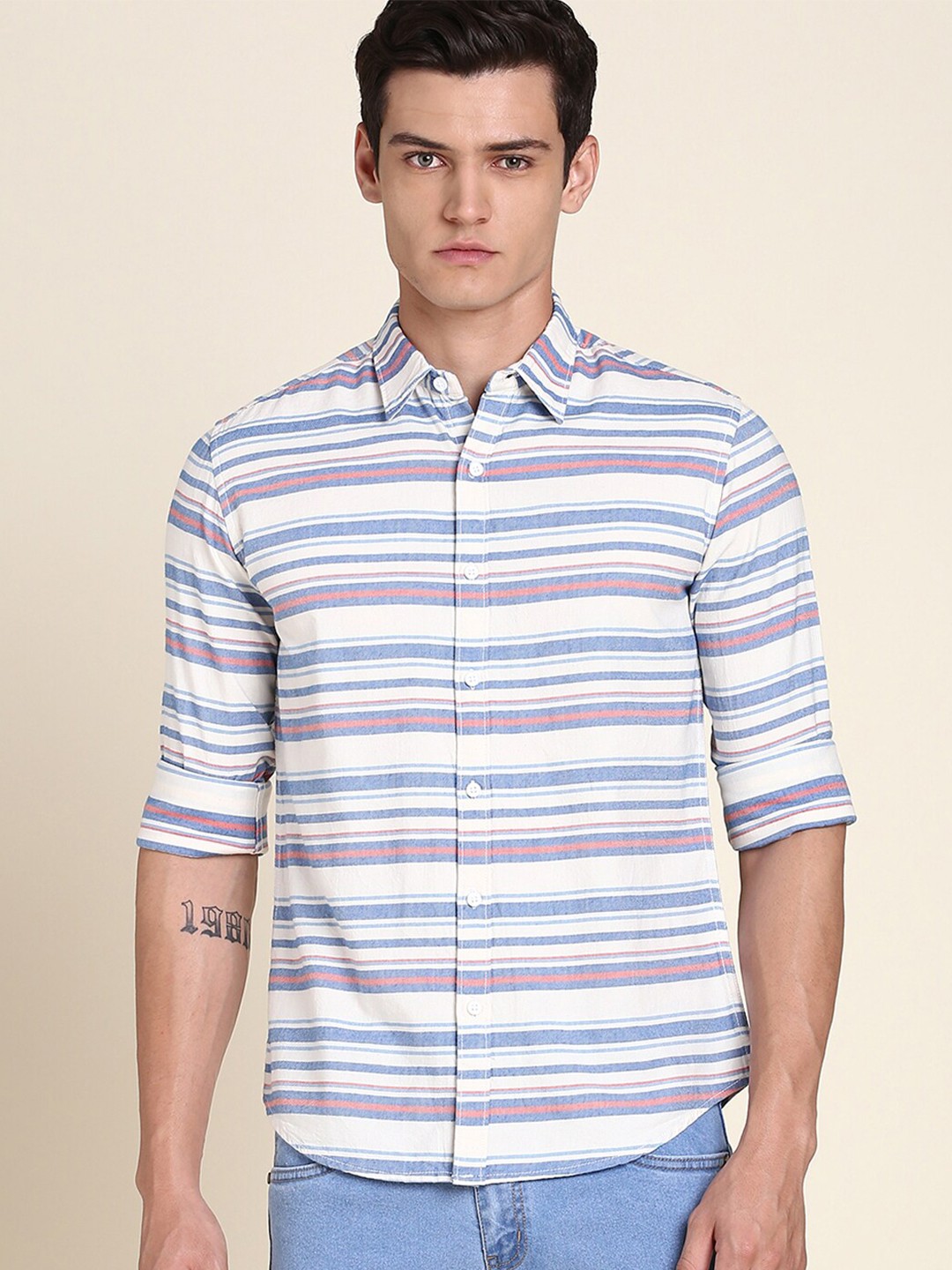 

Dennis Lingo Slim Fit Horizontal Stripes Cotton Casual Shirt, Cream