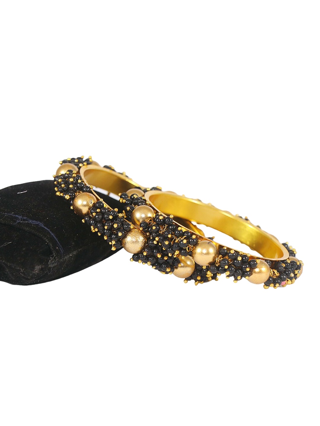 

NMII Set Of 2 Gold-Plated Stone Studded & Pearls Beaded Bangle, Black