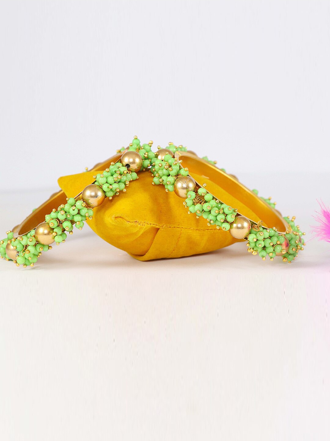 

NMII Set Of 2 Pearl Beaded Metal Glossy Finished Bangles, Lime green