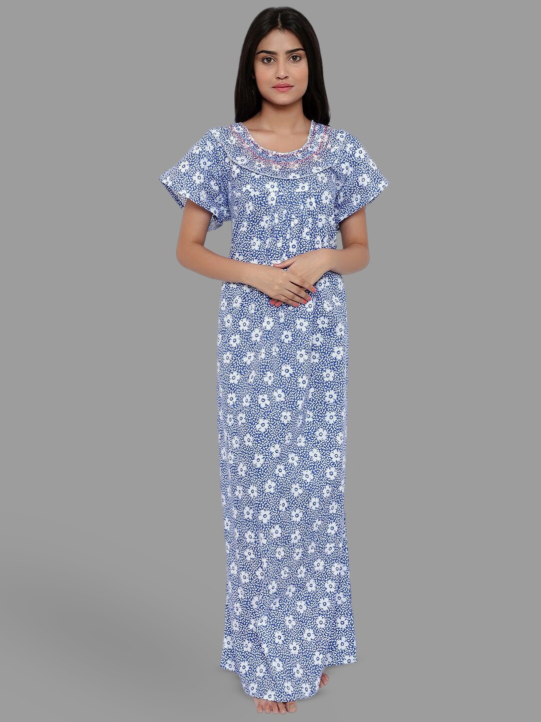 

PALIVAL Floral Printed Pure Cotton Maxi Nightdress, Blue