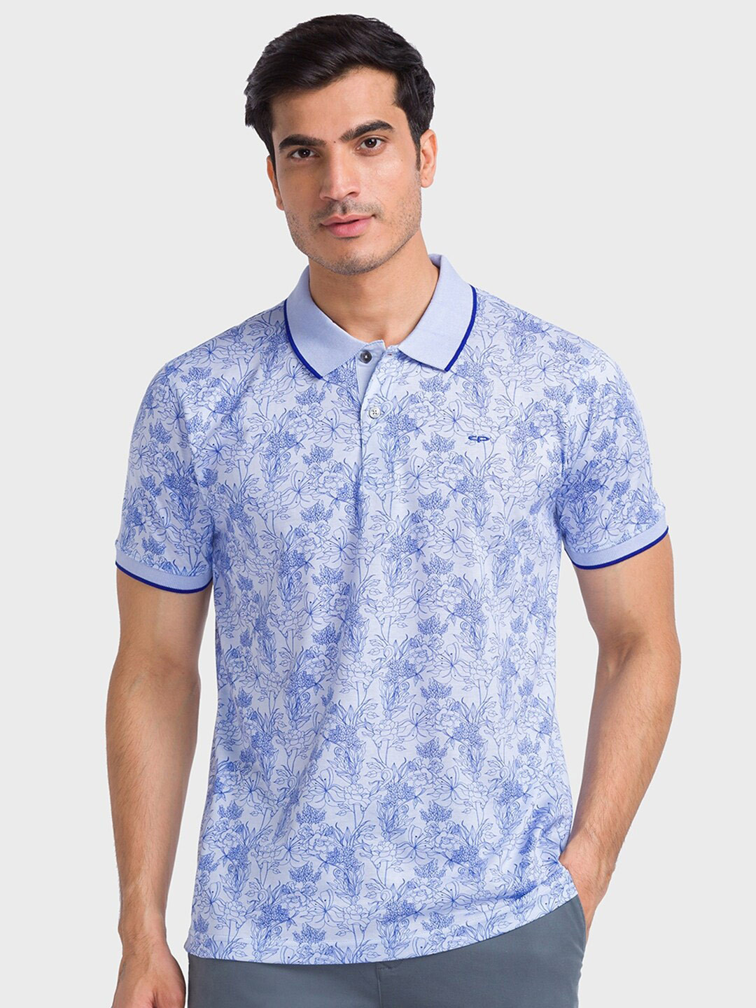 

ColorPlus Floral Printed Polo Collar Pure Cotton Slim Fit T-shirt, Blue