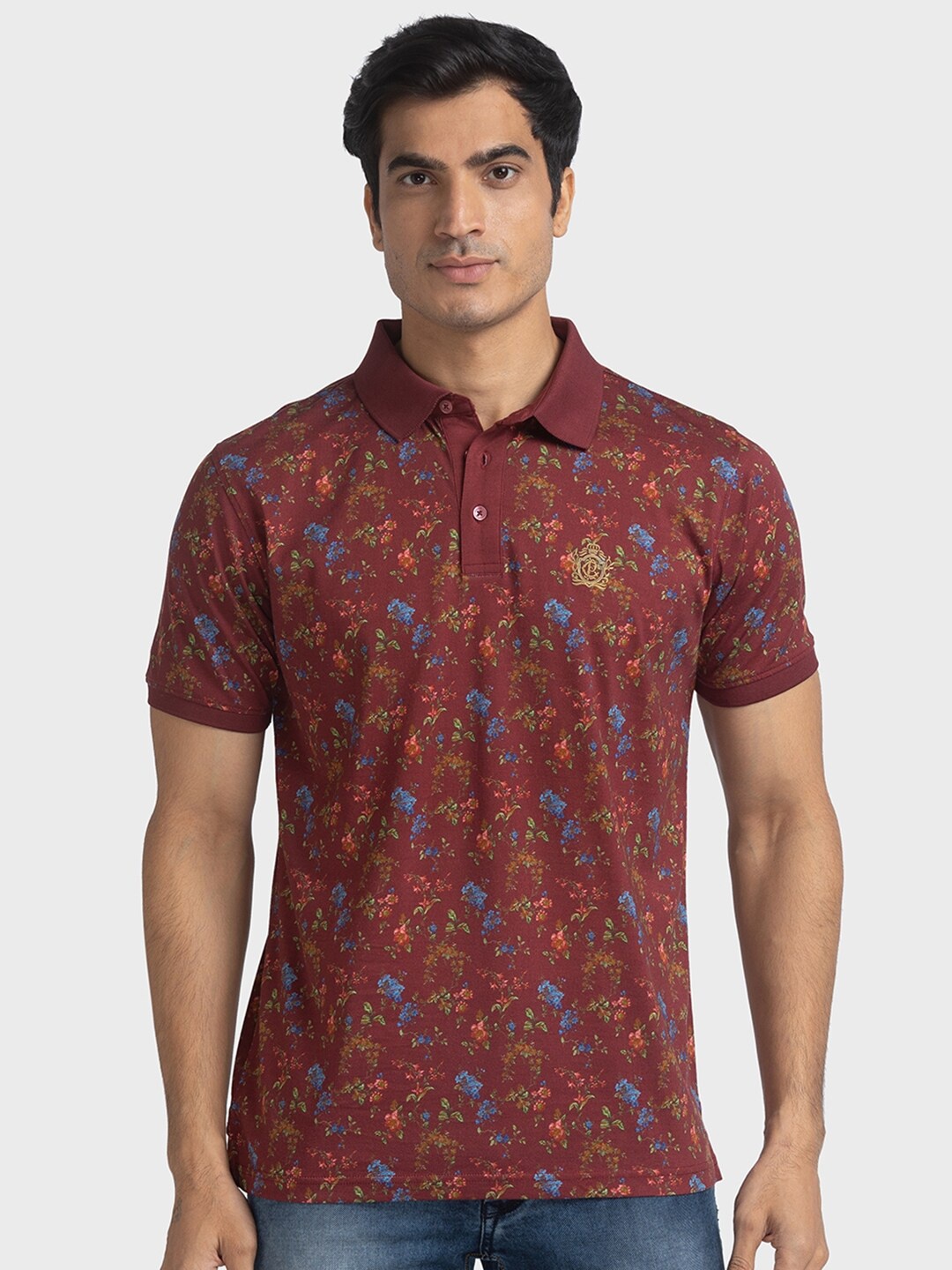 

ColorPlus Floral Printed Polo Collar Organic Cotton T-shirt, Maroon