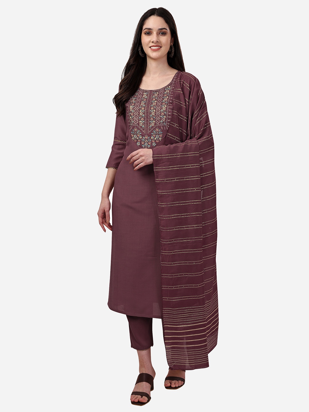 

WOMEN VILLAGE Ethnic Motifs Yoke Design Pure Silk Kurta with Trousers & With Dupatta, Brown