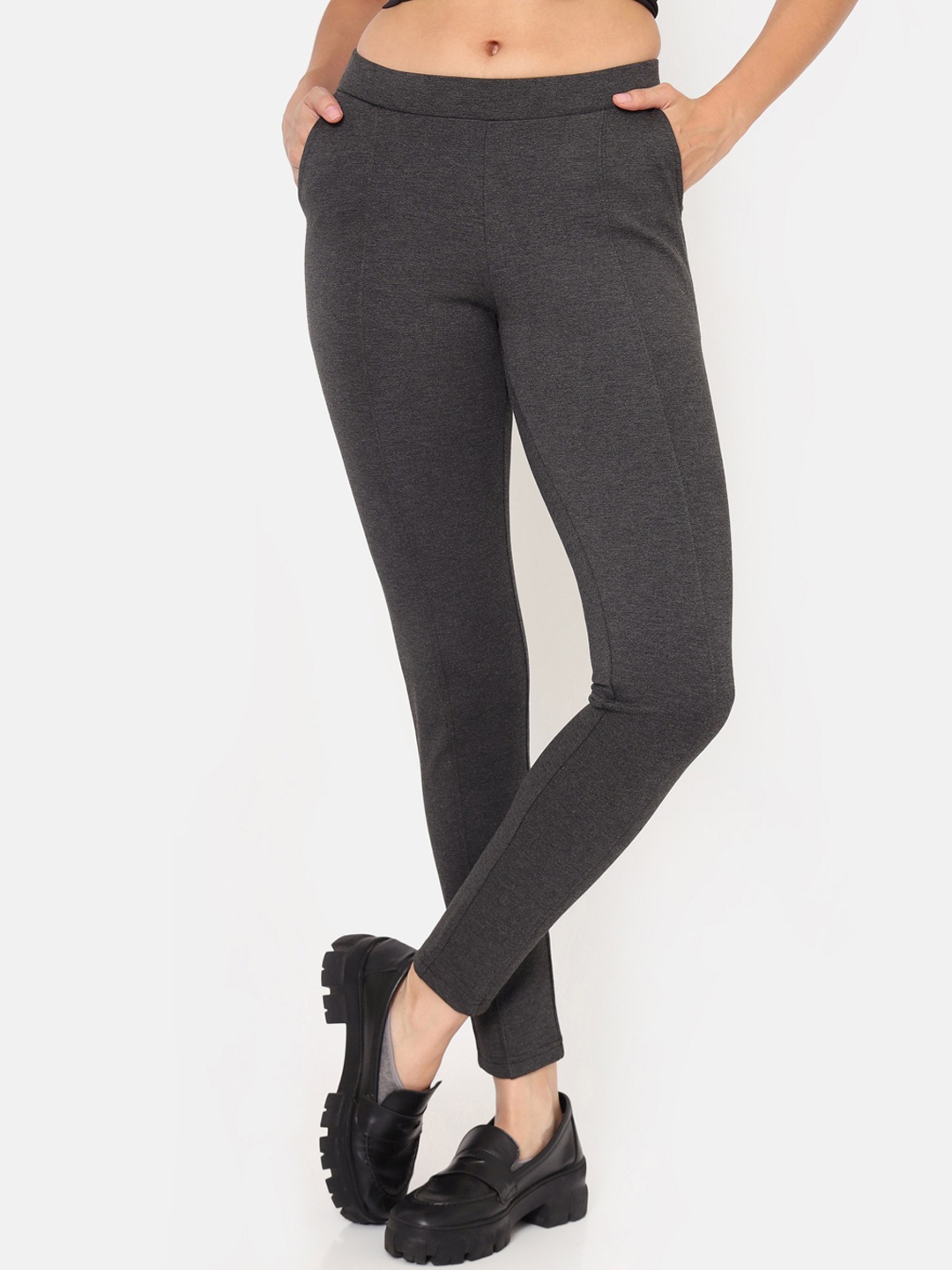 

CULT Women 4 Way Stretch Mid-Rise Treggings With Pintuck, Grey