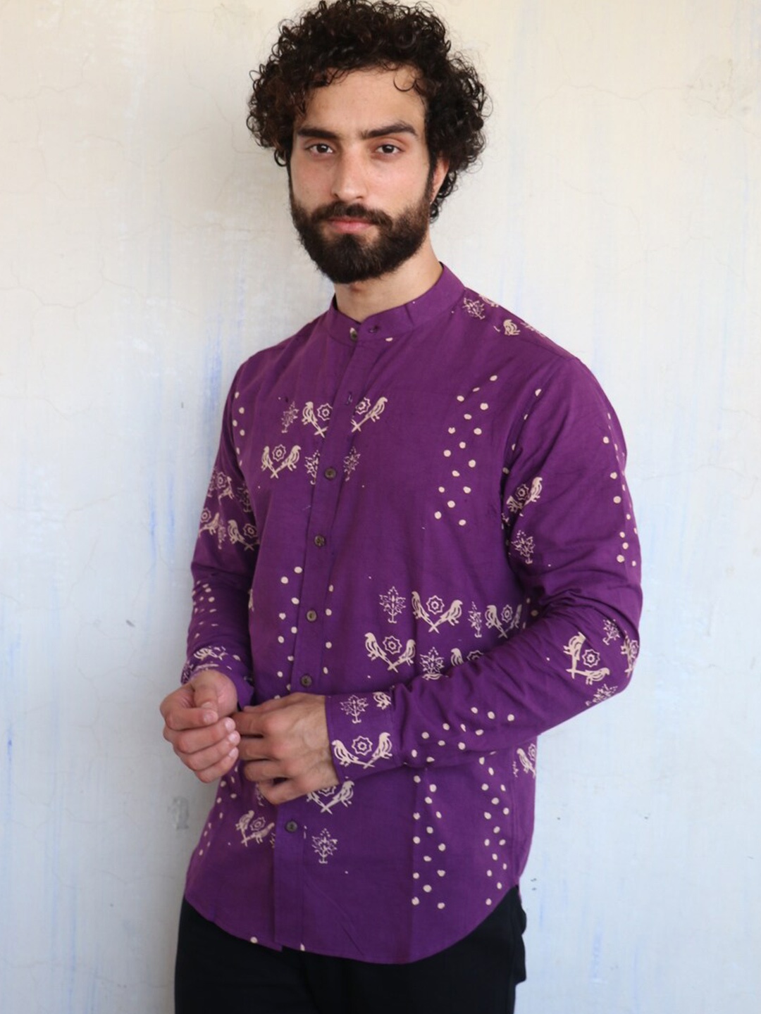 

Chidiyaa Standard Ethnic Printed Mandarin Collar Cotton Casual Shirt, Purple