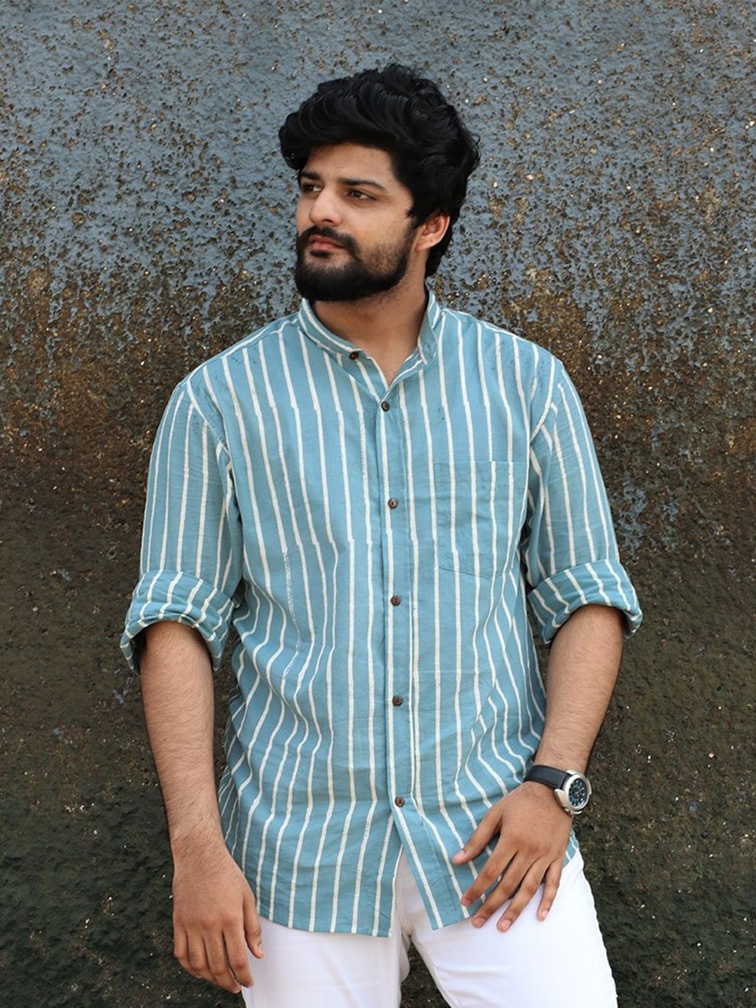 

Chidiyaa Standard Vertical Striped Mandarin Collar Cotton Casual Shirt, Blue