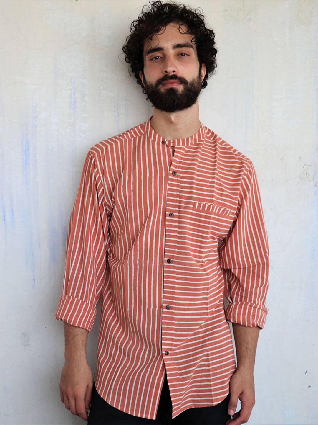 

Chidiyaa Vertical Striped Mandarin Collar Standard Cotton Casual Shirt, Orange