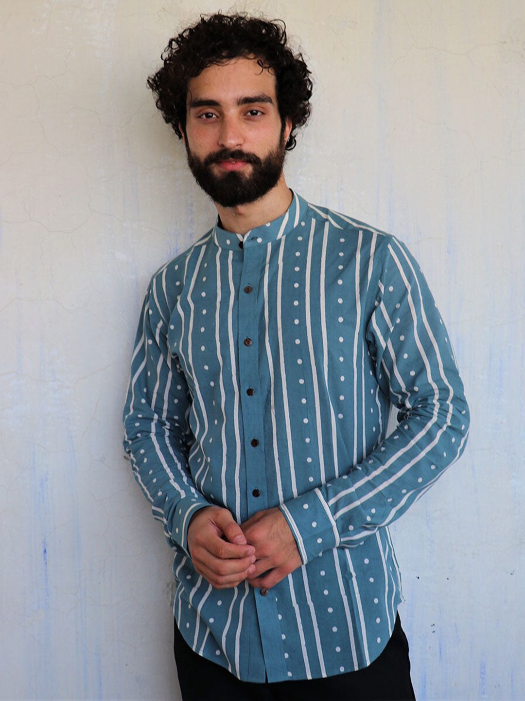 

Chidiyaa Standard Stripes & Dots Blockprinted Mandarin Collar Cotton Casual Shirt, Teal