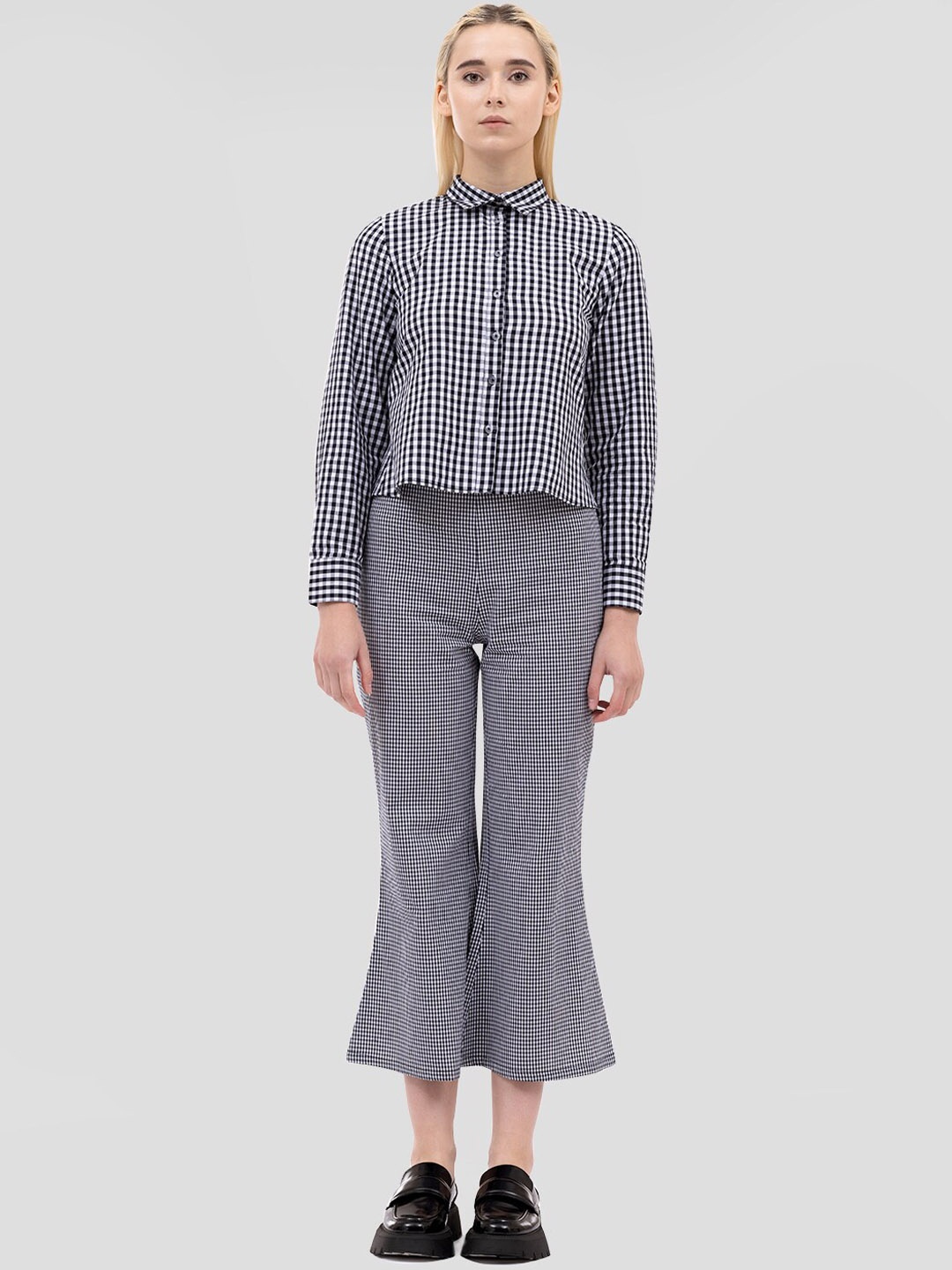 

Samshek Women Checked Relaxed Slim Fit Cotton Bootcut Trousers, Black
