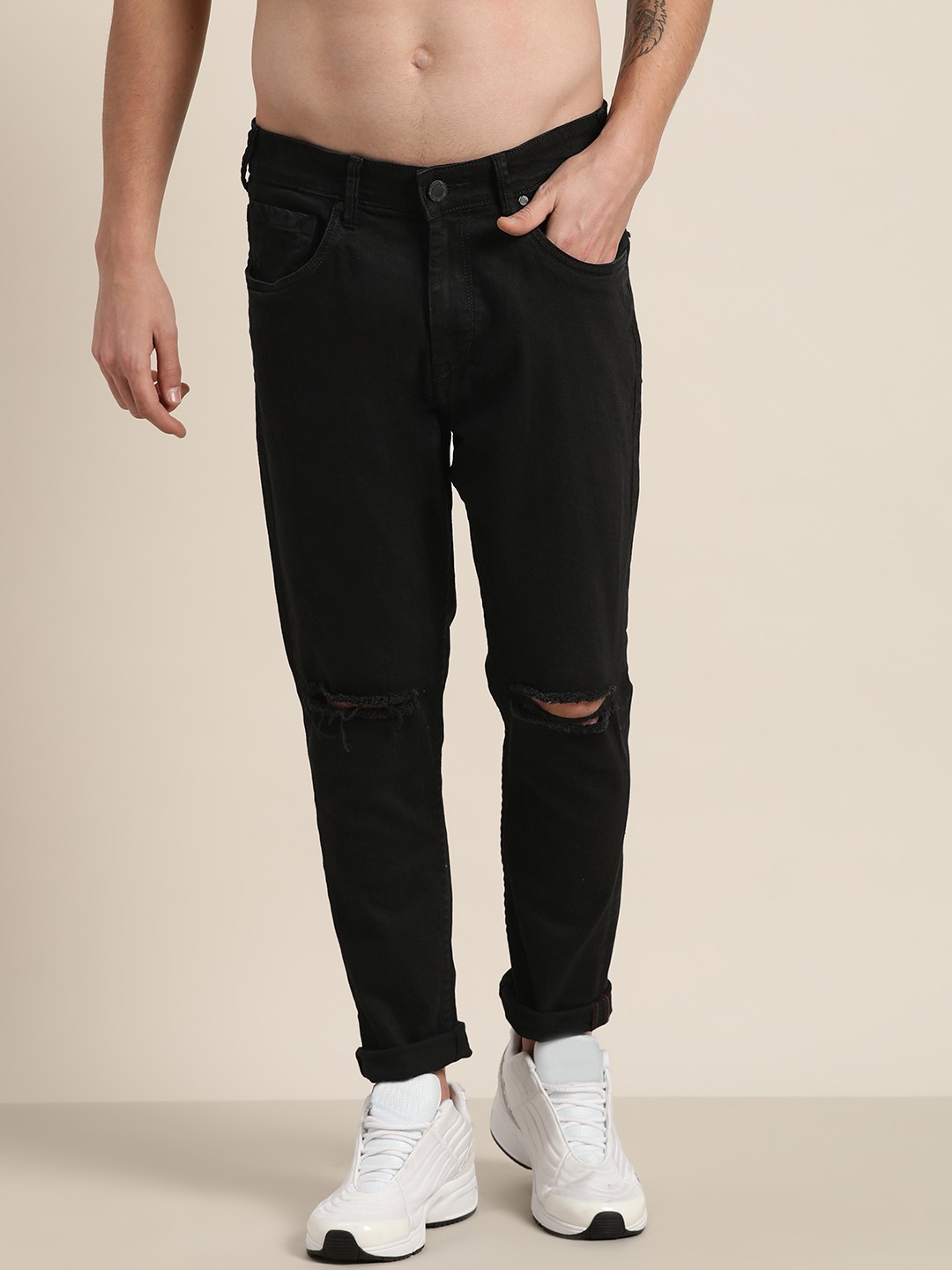 

Moda Rapido Men Black Ankle Slim Tapered Fit Mid-Rise Slash Knee Stretchable Jeans