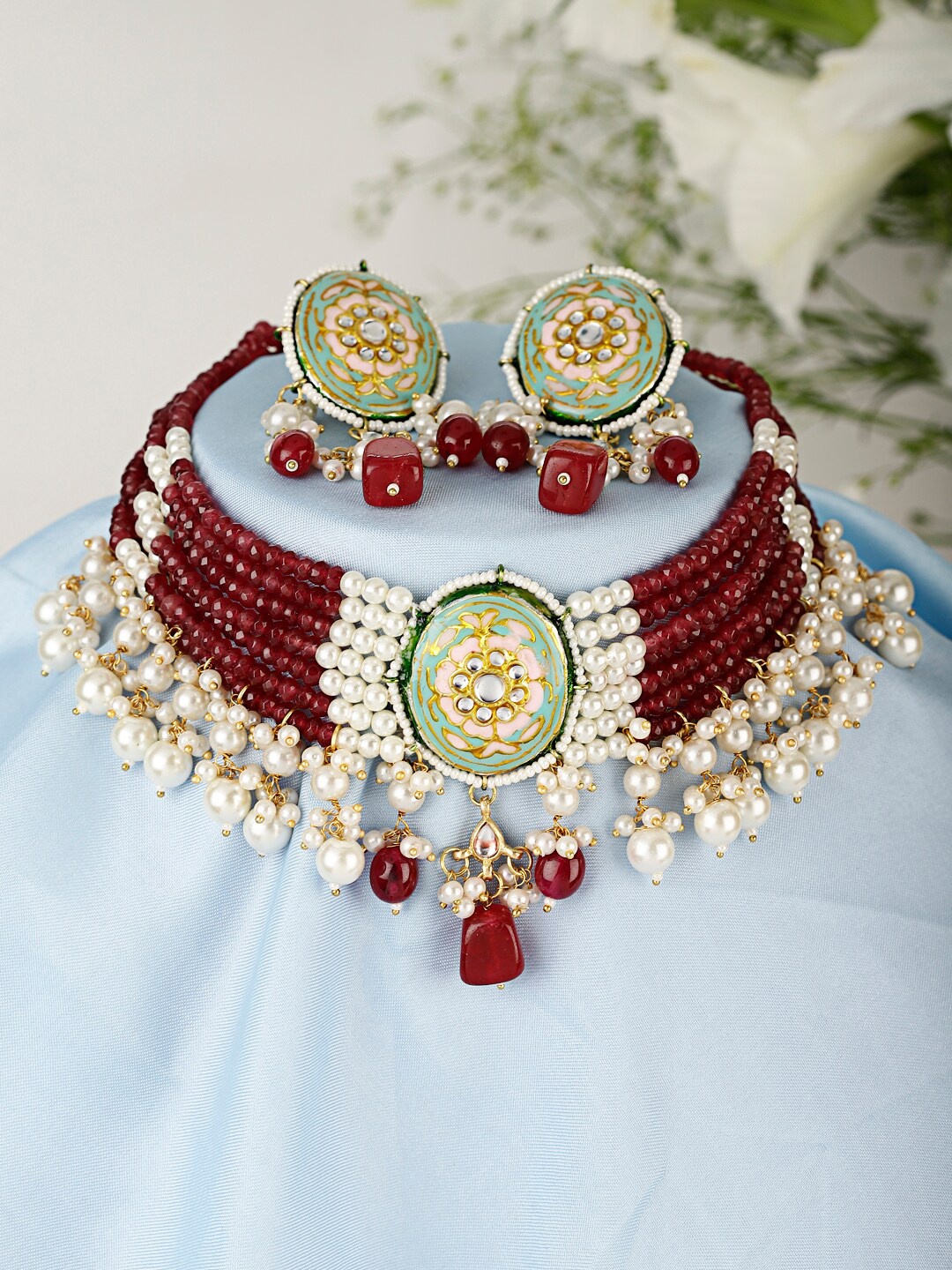 

XAGO Gold-Plated Stone Studded & Beaded Meenakari Jewellery Set