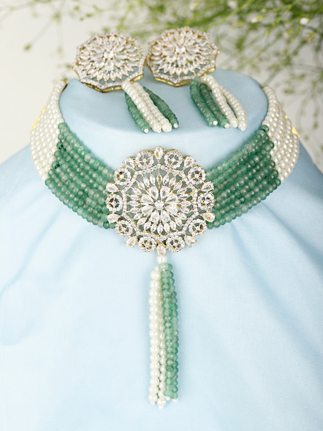 

XAGO Gold-Plated AD Studded & Beaded Choker Jewellery Set