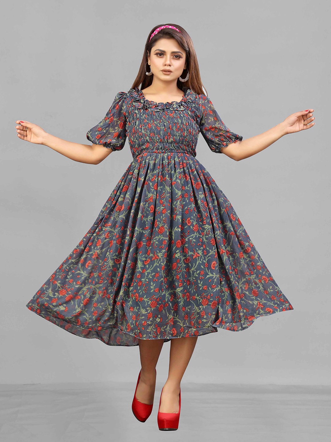 

eshami Floral Print Georgette Fit & Flare Midi Dress, Grey