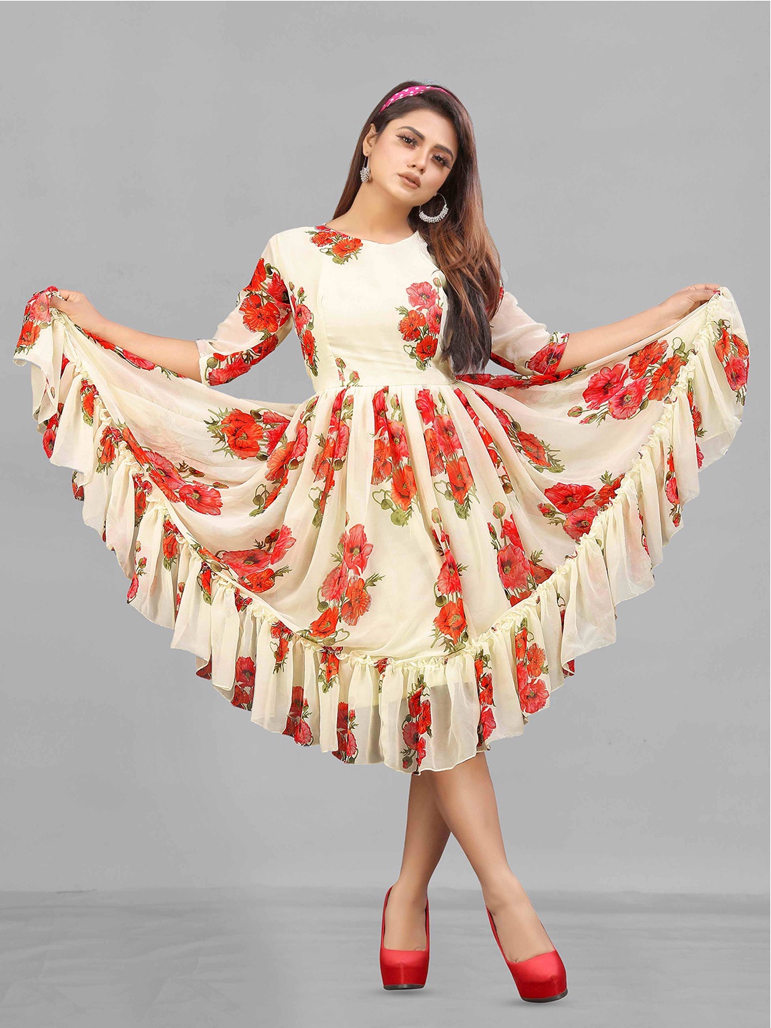 

eshami Floral Print Georgette Fit & Flare Midi Dress, Beige