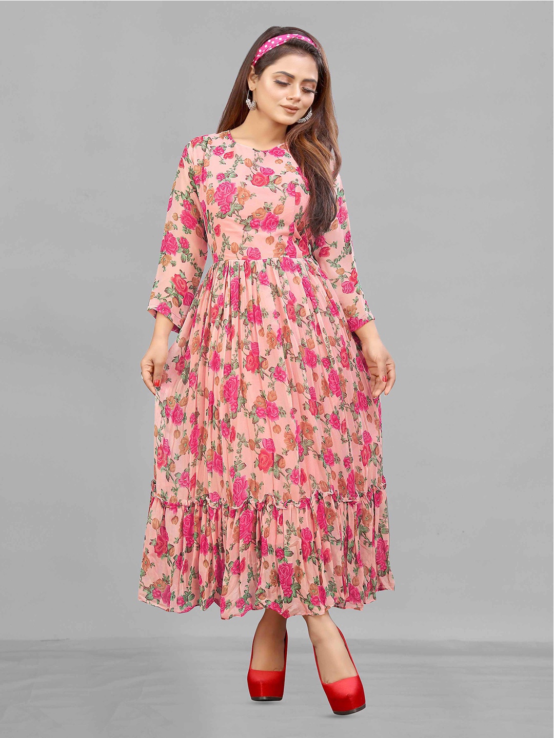 eshami Floral Print Georgette Fit & Flare Maxi Dress, Peach
