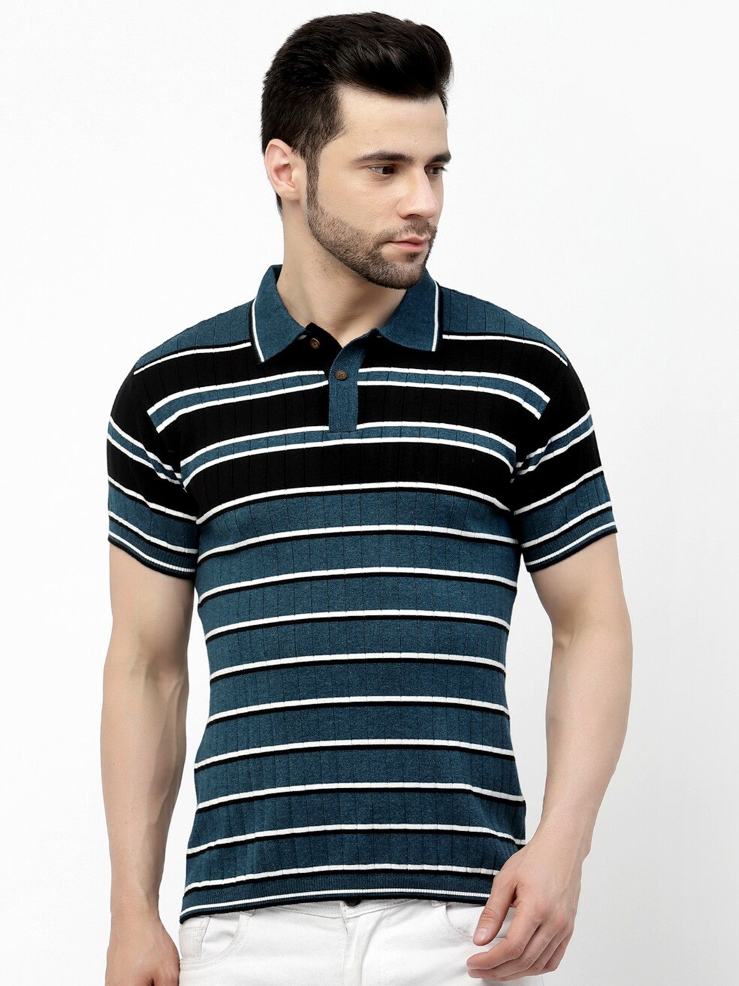 

Kalt Striped Polo Collar Cotton T-shirt, Teal