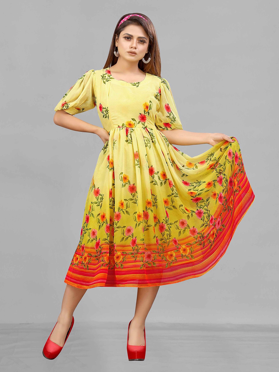 

eshami Floral Print Puff Sleeve Georgette Fit & Flare Midi Dress, Yellow