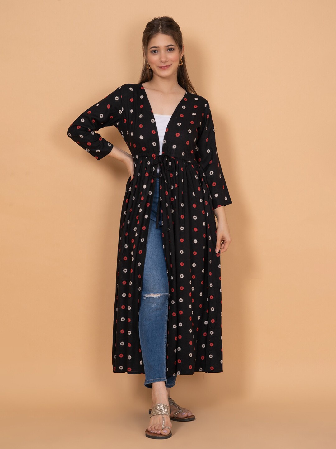 

DAEVISH Printed Longline Tie-Up Shrug, Black