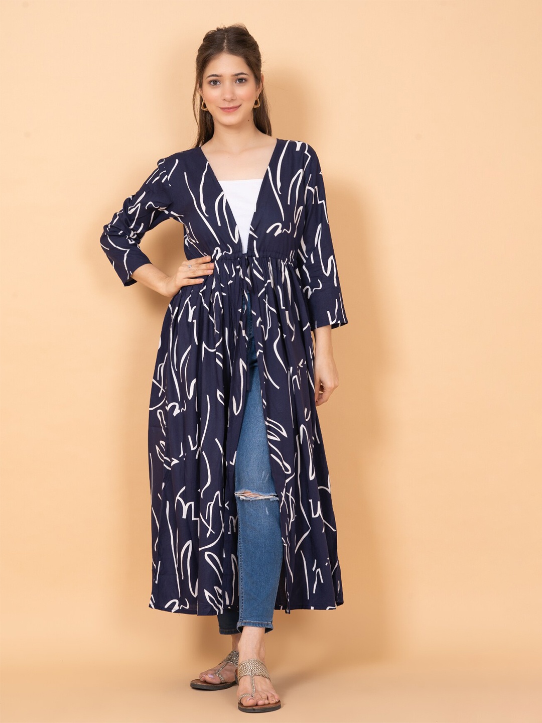 

DAEVISH Women Printed Longline Tie-Up Shrug, Navy blue