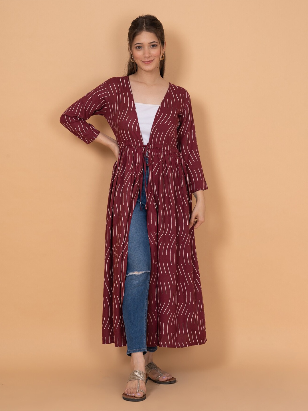 

DAEVISH Women Printed Longline Tie-Up Shrug, Maroon