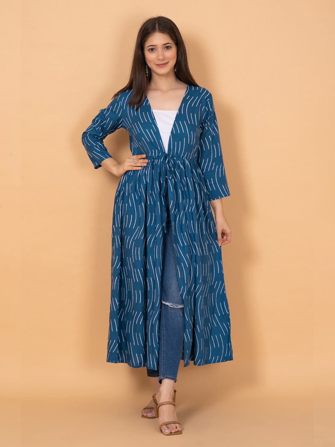

DAEVISH Printed Longline Tie-Up Shrug, Blue
