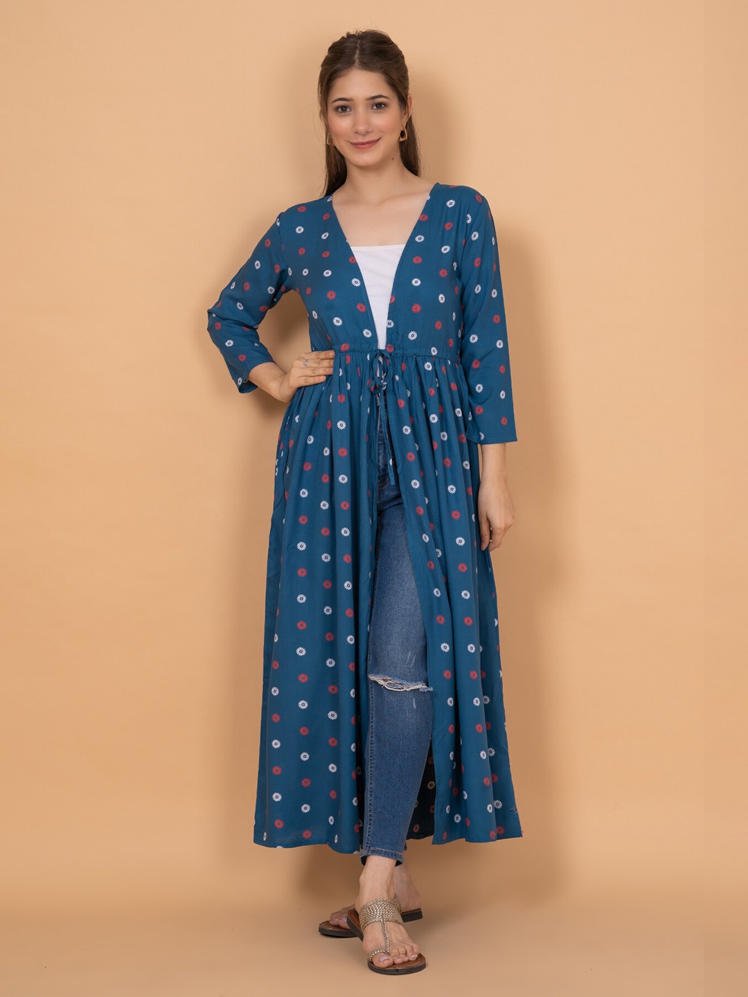 

DAEVISH Printed Longline Tie-Up Shrug, Blue