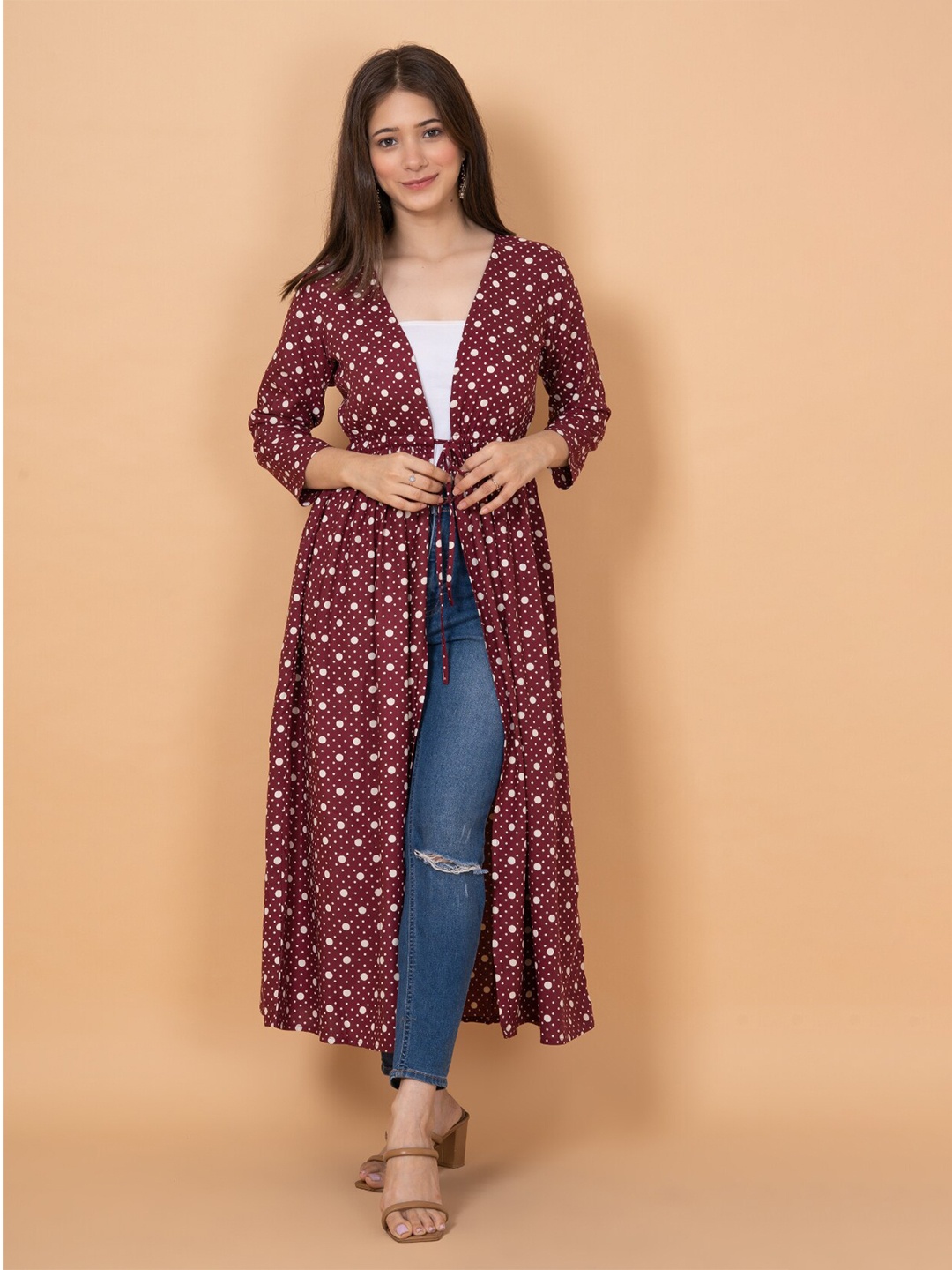 

DAEVISH Women Polka Dot Printed Longline Tie-Up Shrug, Maroon