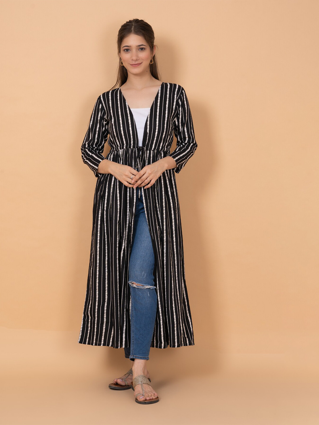 

DAEVISH Women Black & White Printed Longline Tie-Up Shrug