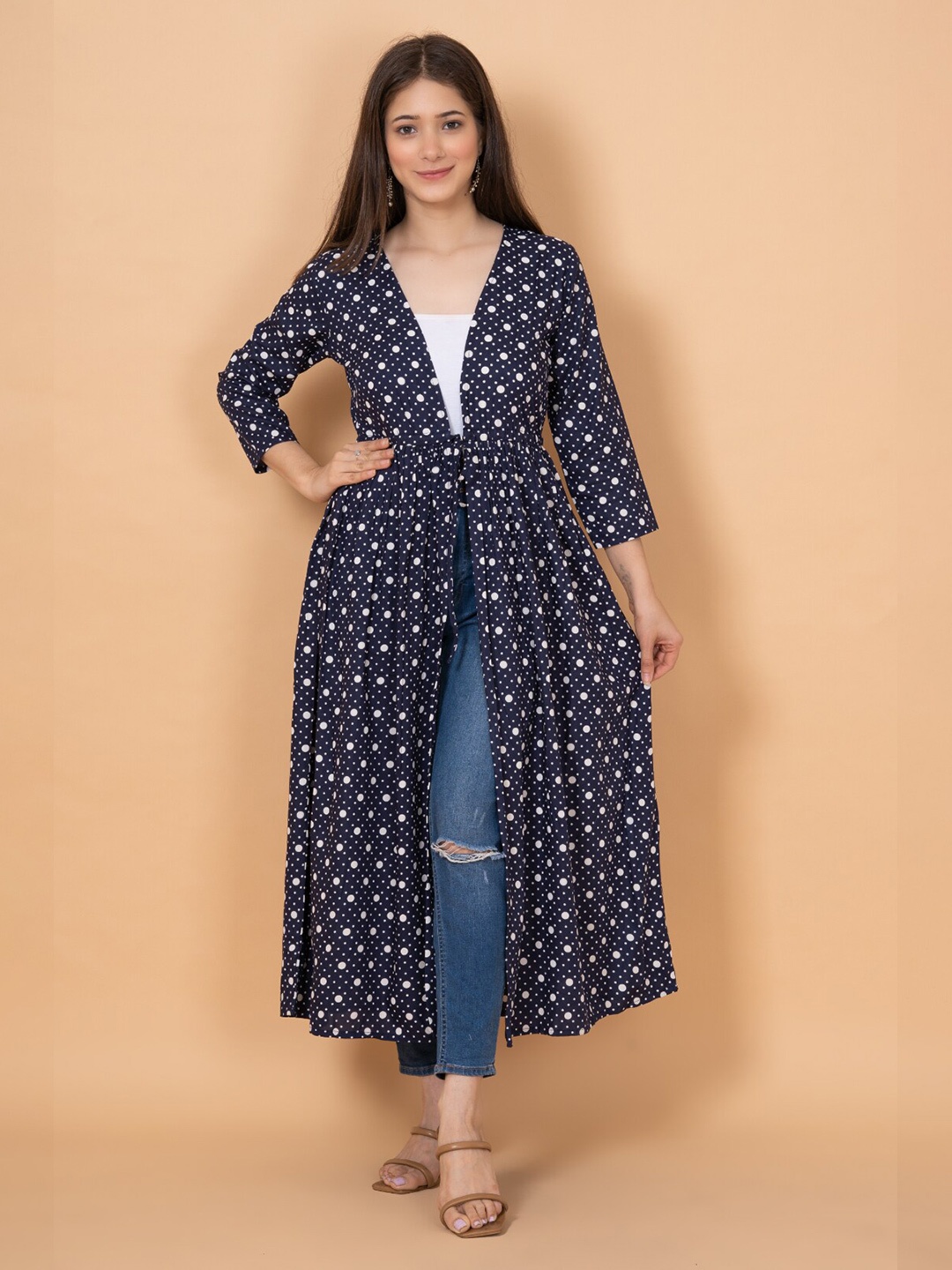 

DAEVISH Women Polka Dot Printed Longline Tie-Up Shrug, Blue