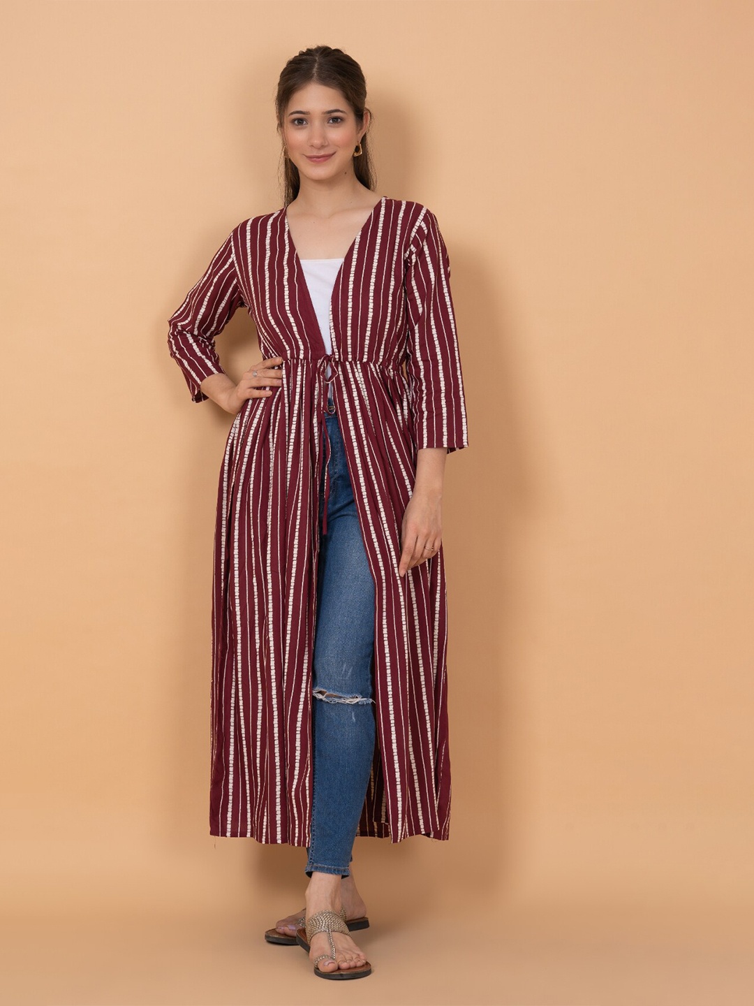 

DAEVISH Women Striped Longline Monochrome Tie-Up Shrug, Maroon