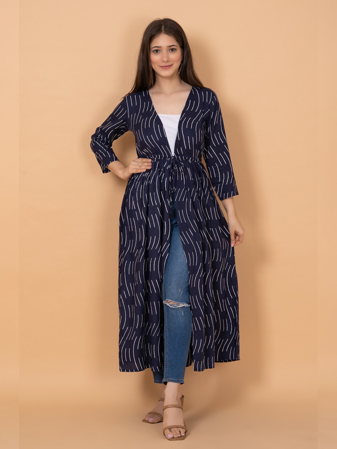 

DAEVISH Printed Longline Tie-Ups Shrug, Blue