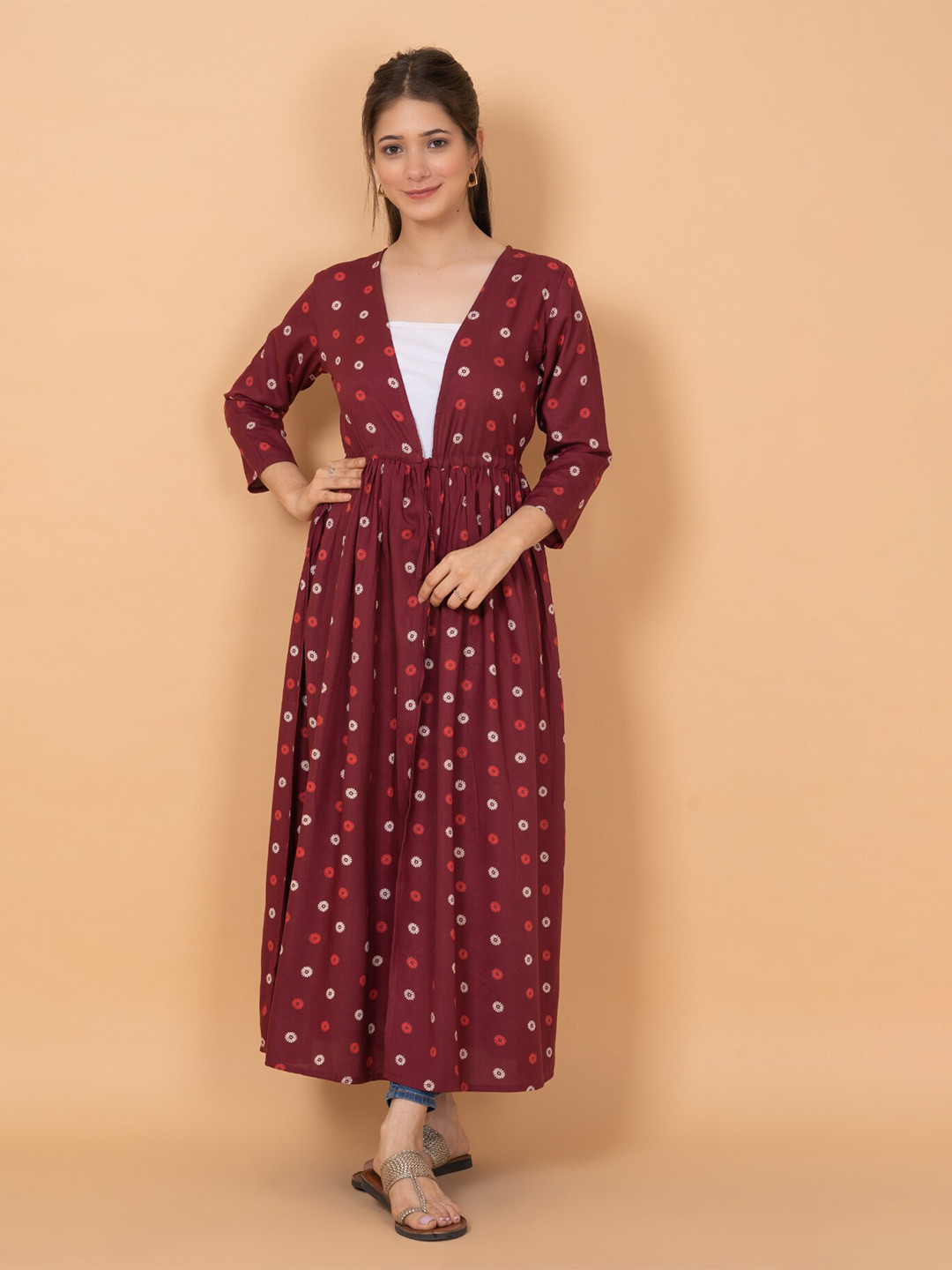 

DAEVISH Women Printed Longline Tie-Up Shrug, Burgundy