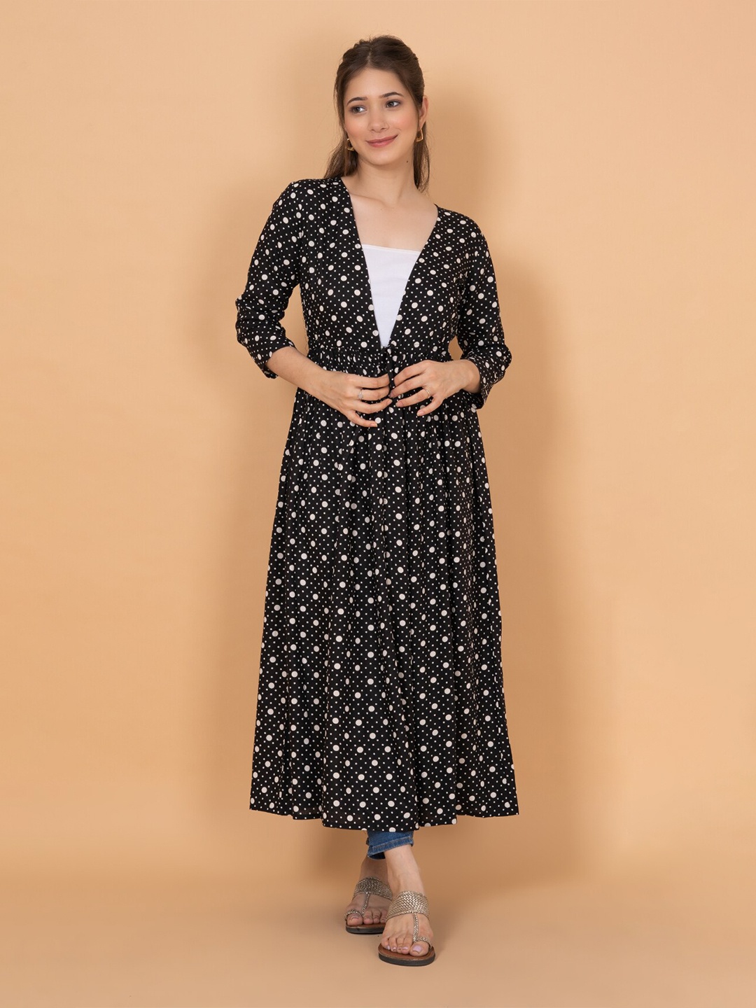 

DAEVISH Women Polka Dot Printed Longline Tie-Up Shrug, Black