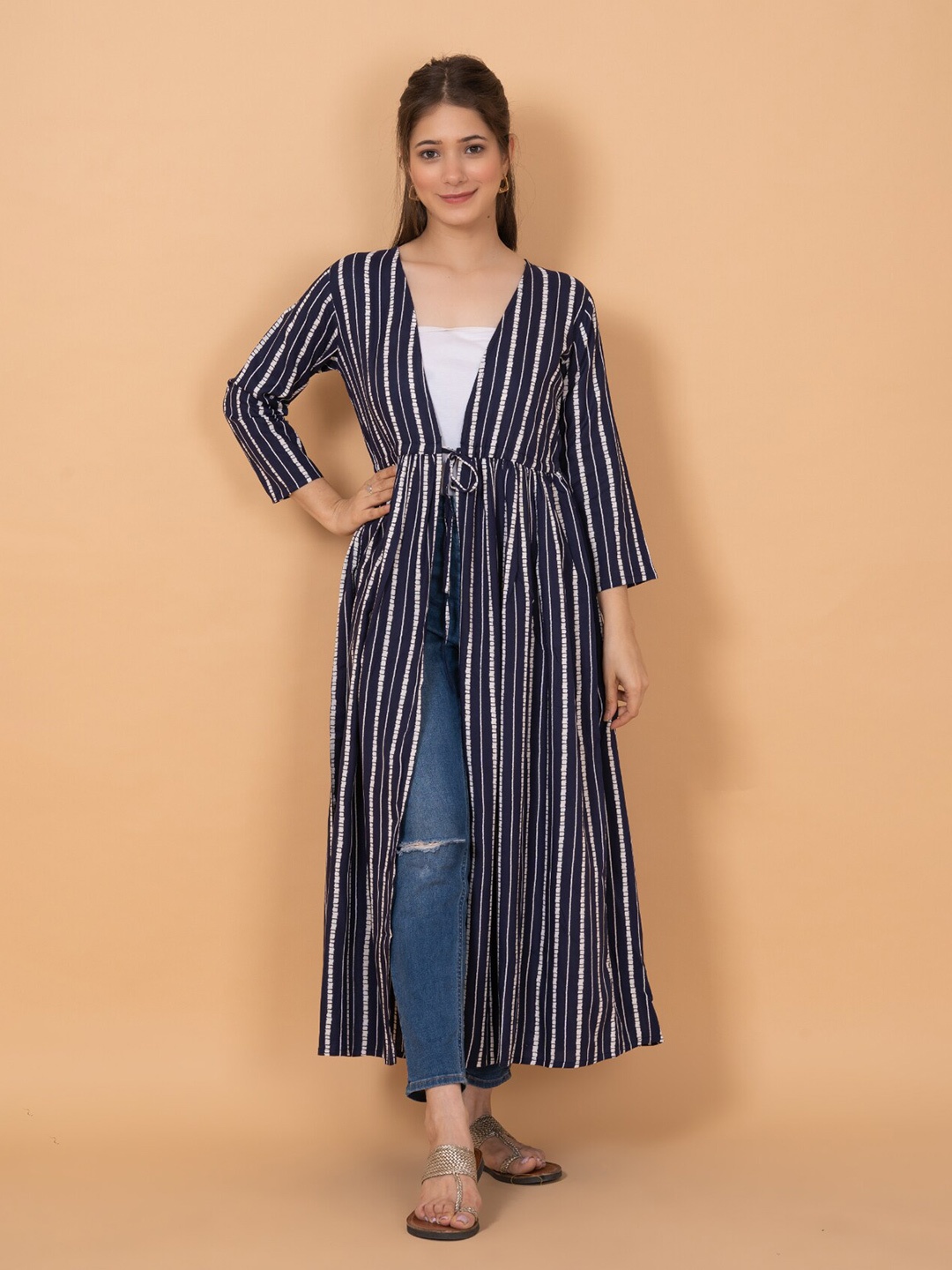 

DAEVISH Printed Longline Tie-Up Shrug, Blue