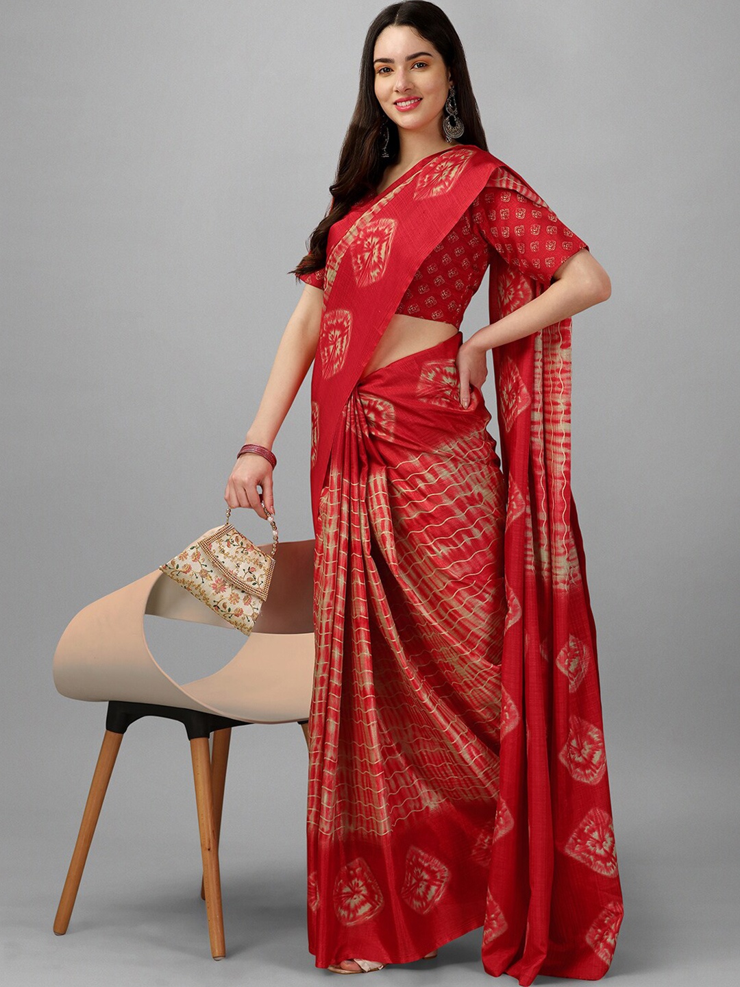 

GORGONE Shibori Printed Silk Saree, Red