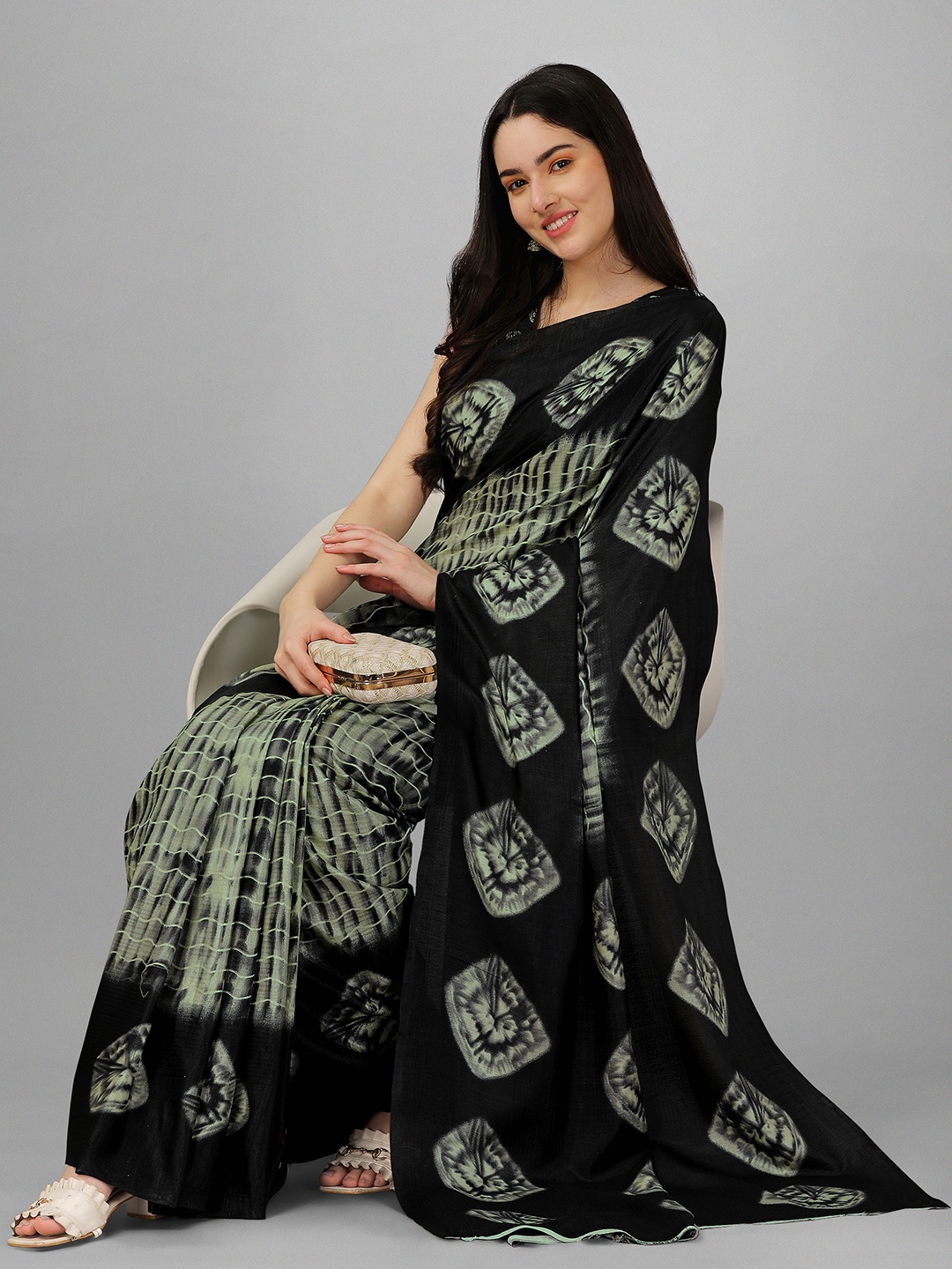 

GORGONE Shibori Printed Silk Saree, Black