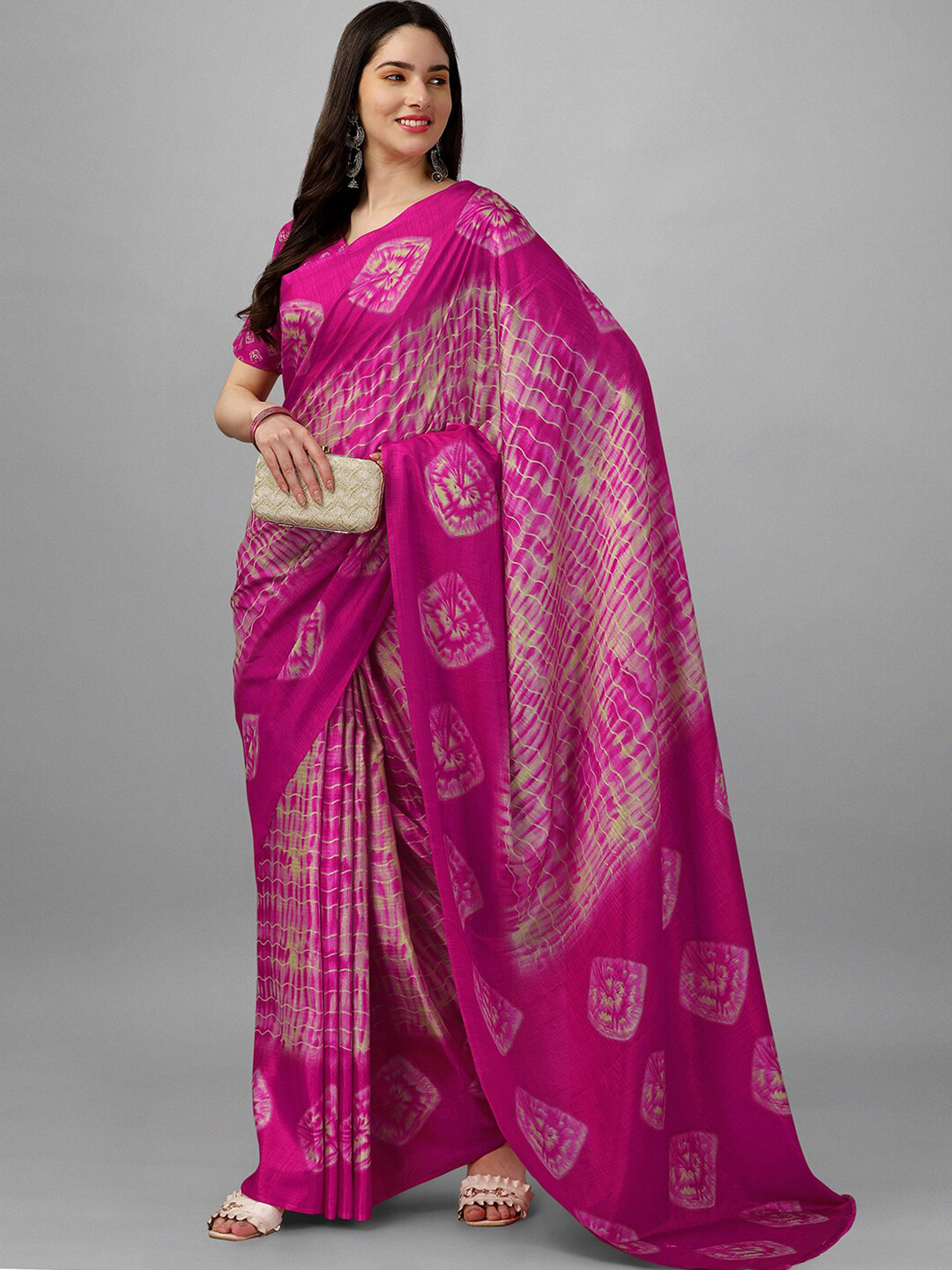 

GORGONE Shibori Printed Silk Saree, Pink
