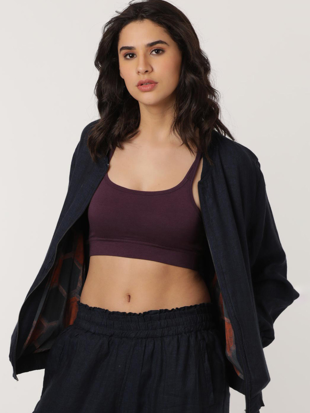 

Proyog Mock Collar Pure Linen Bomber Jacket, Navy blue