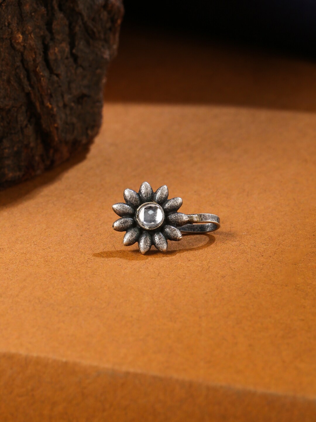 

VIRAASI Silver-Plated Stone-Studded Oxidised Clip-On Stud Nosepin