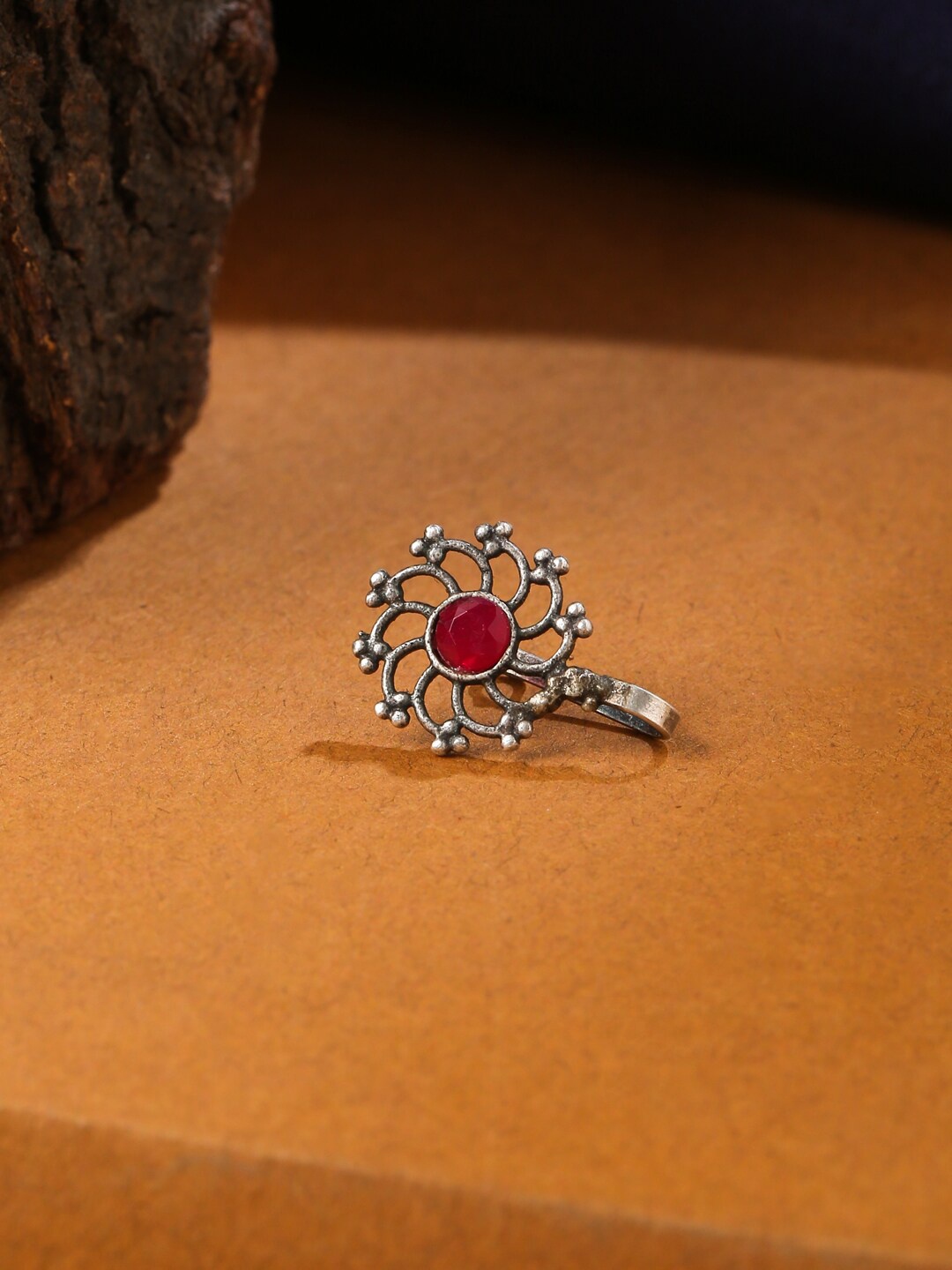 

VIRAASI Silver-Plated Stone-Studded Oxidised Clip-On Stud Nosepin