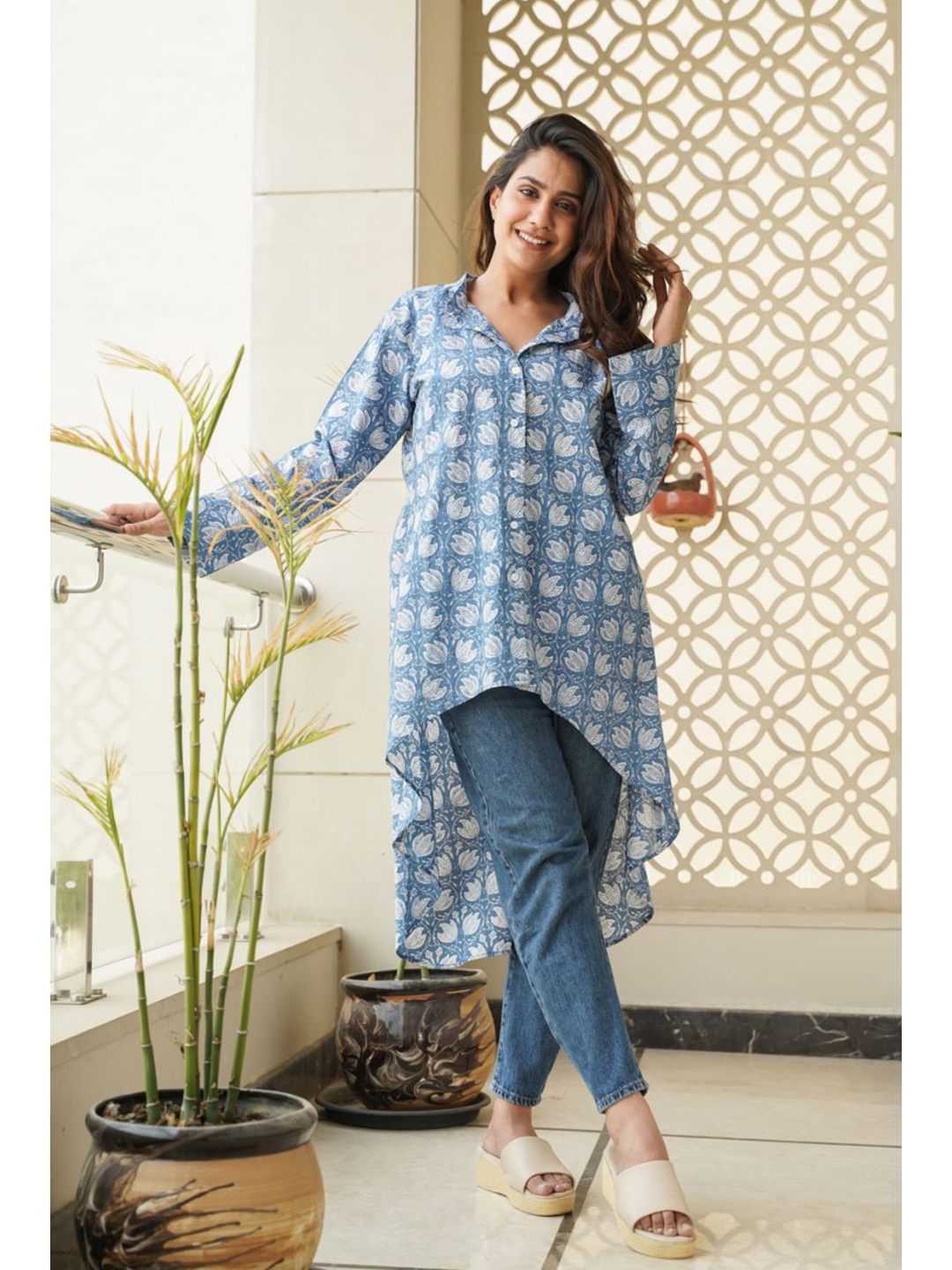

NANGALIA RUCHIRA Comfort Floral Printed Cotton Casual Shirt, Blue