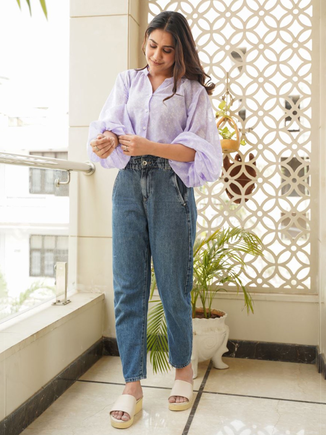 

NANGALIA RUCHIRA Mandarin Collar Bishop Sleeves Shirt Style Top, Lavender