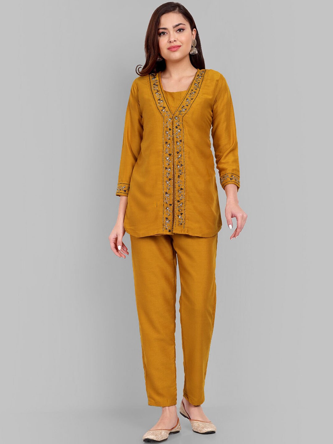

Pakiza Floral Embellished Tunic With Trousers, Mustard